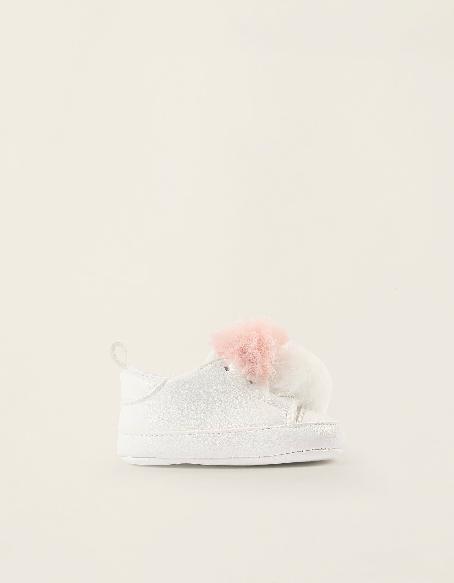 Trainers with Pompons for Newborn Girls, White/Pink