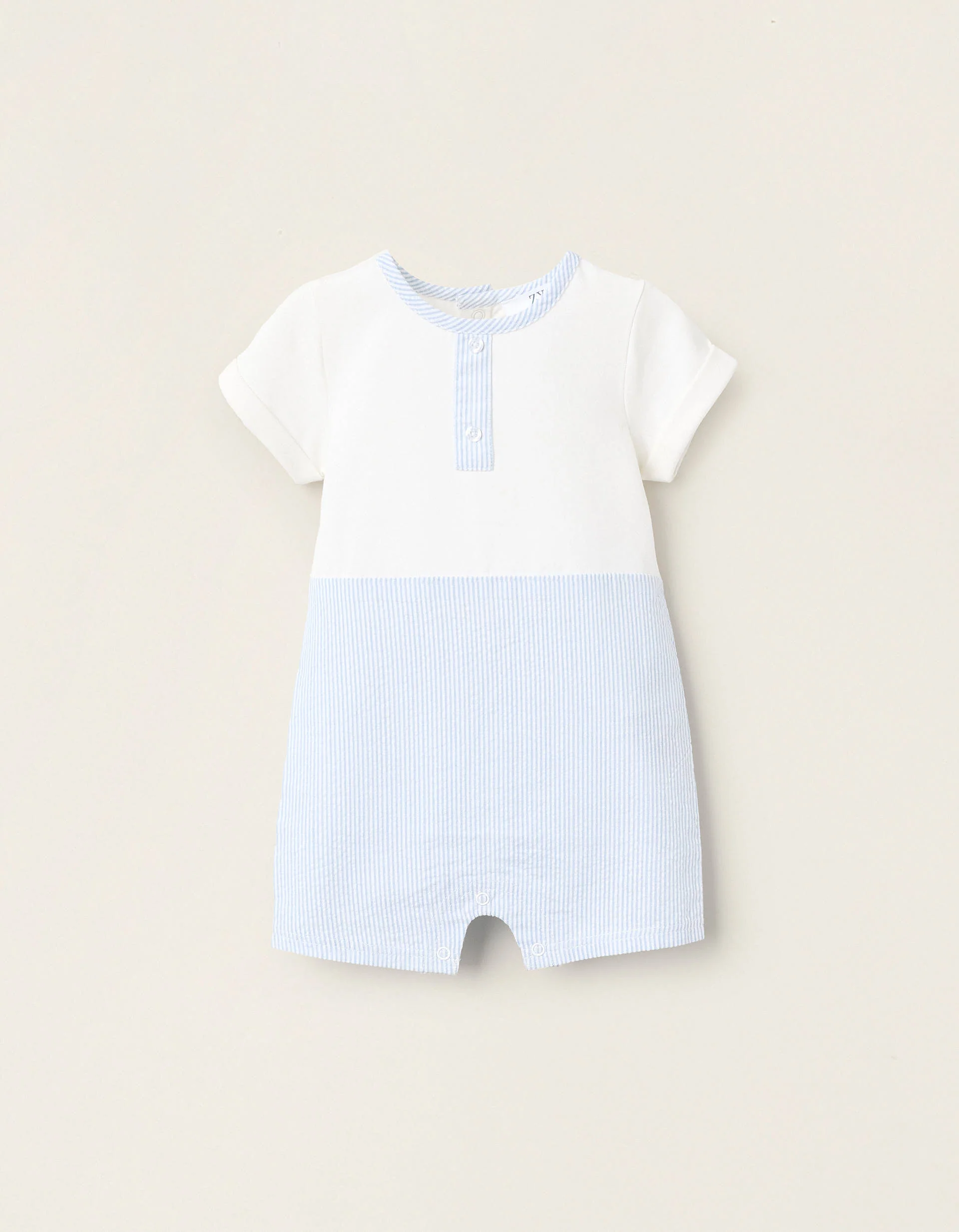 Striped Dual-Fabric Romper for Newborns, White/Blue