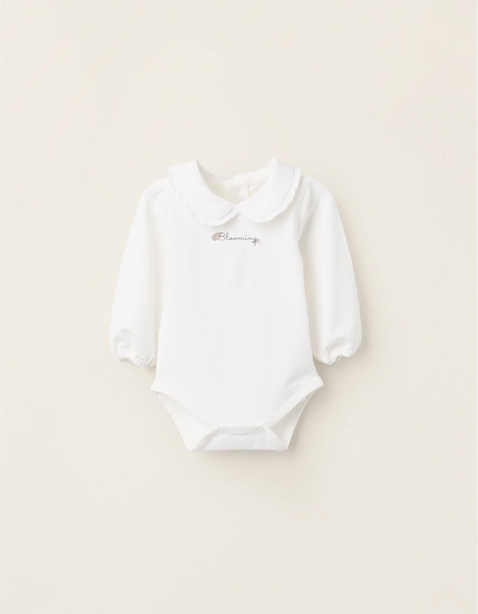 Bodysuit with Peter Pan Collar and Ruffles for Newborn Girls 'Blooming', White