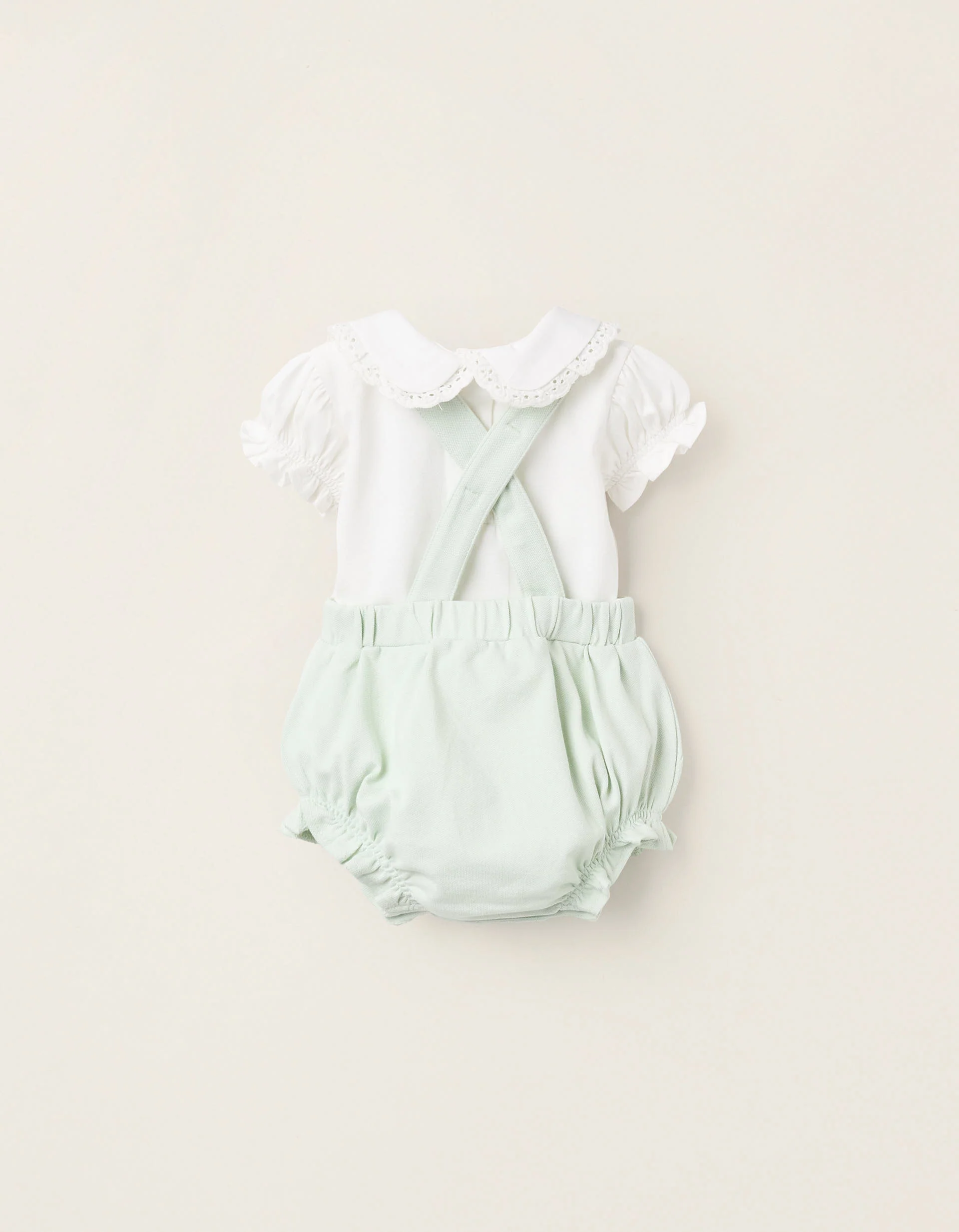 Bodysuit + Piqué Jumpsuit with Ruffles for Newborn Girls, White/Green