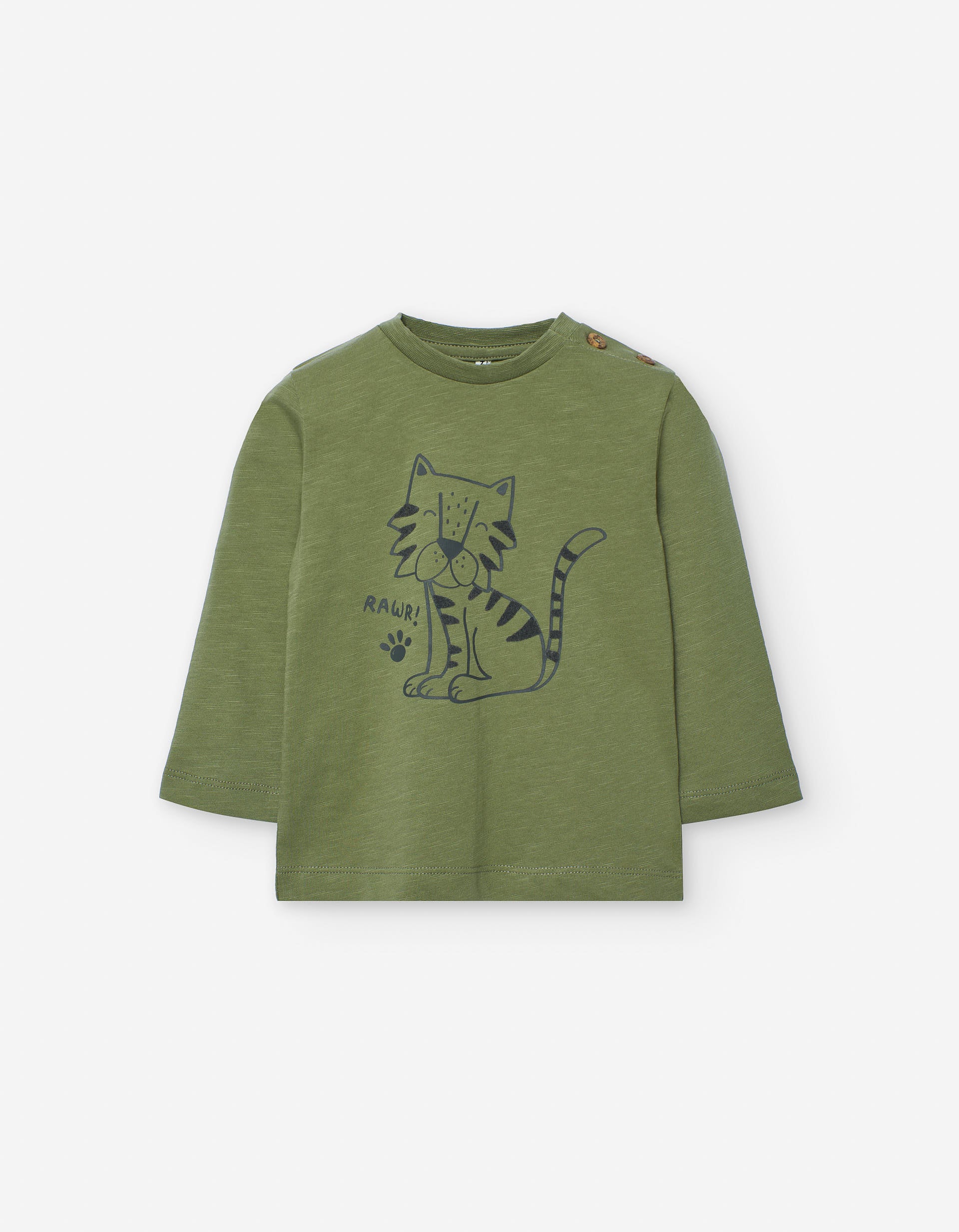 Long sleeve slub cotton T-shirt with tiger print for baby boys, green