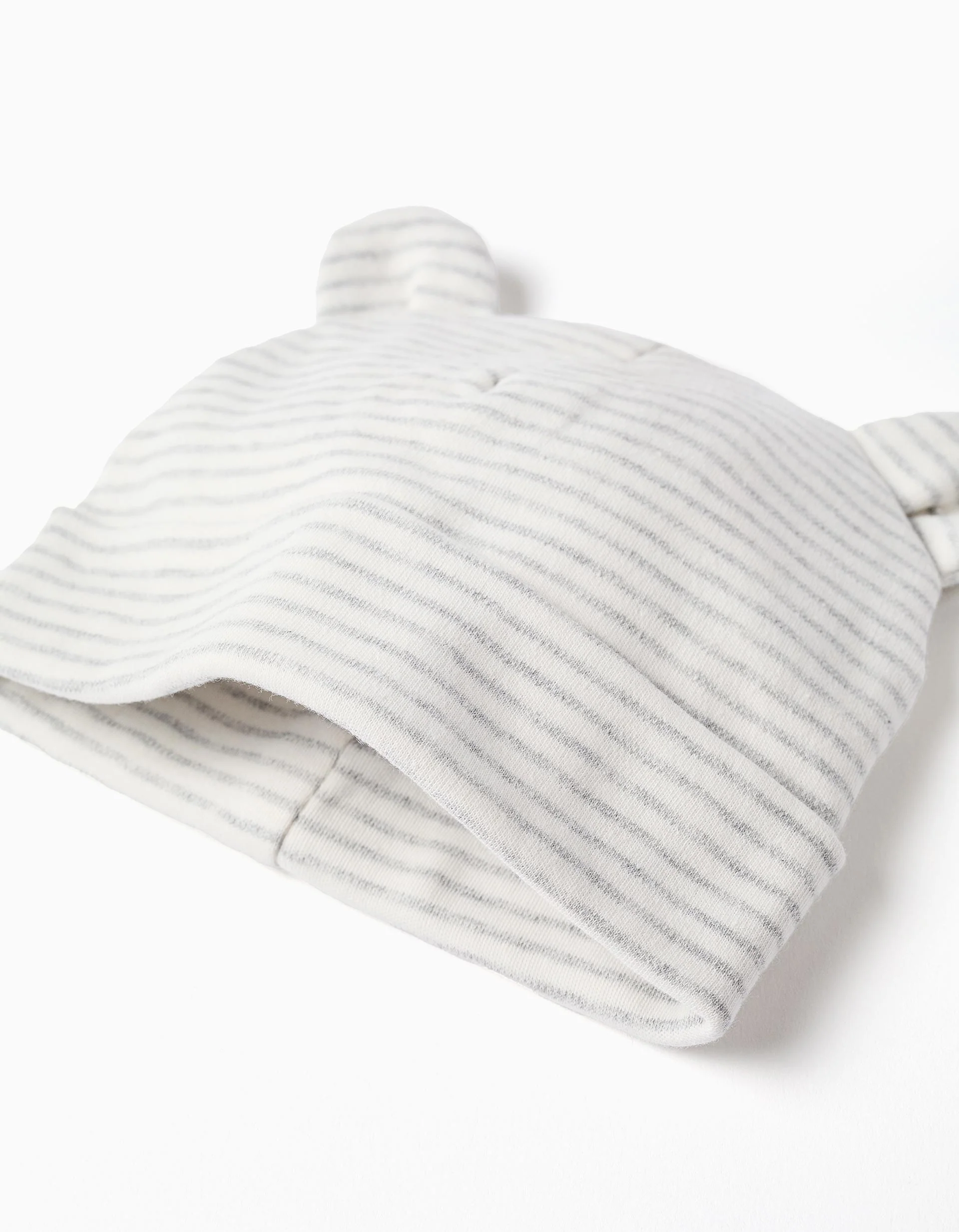 Cotton set of beanie + gloves with stripes for newborns, white/grey
