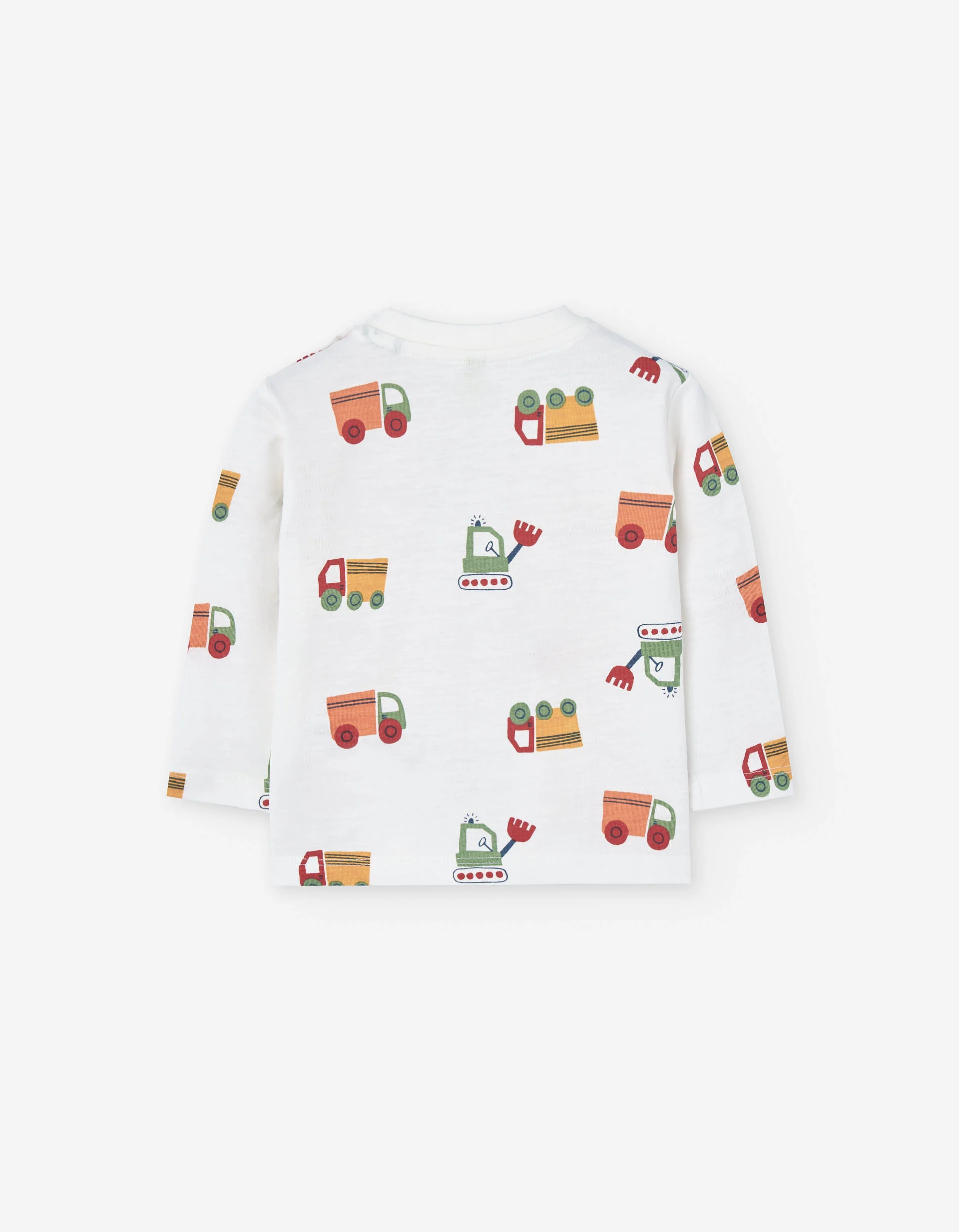 Long sleeve slub cotton T-shirt with vehicles print for baby boys, white