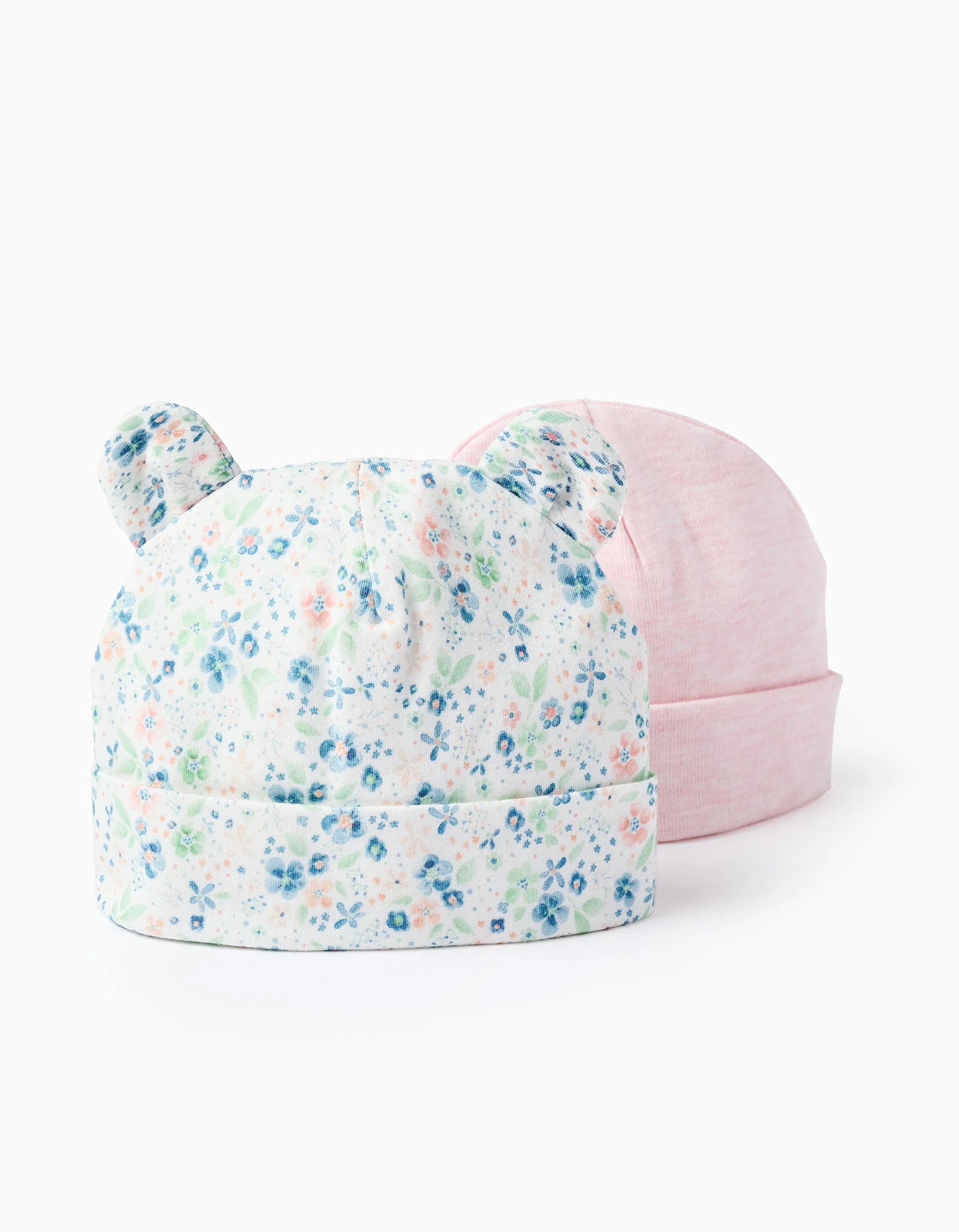 Pack of 2 Beanies Plain/Floral for Newborn Girls, Multicolour