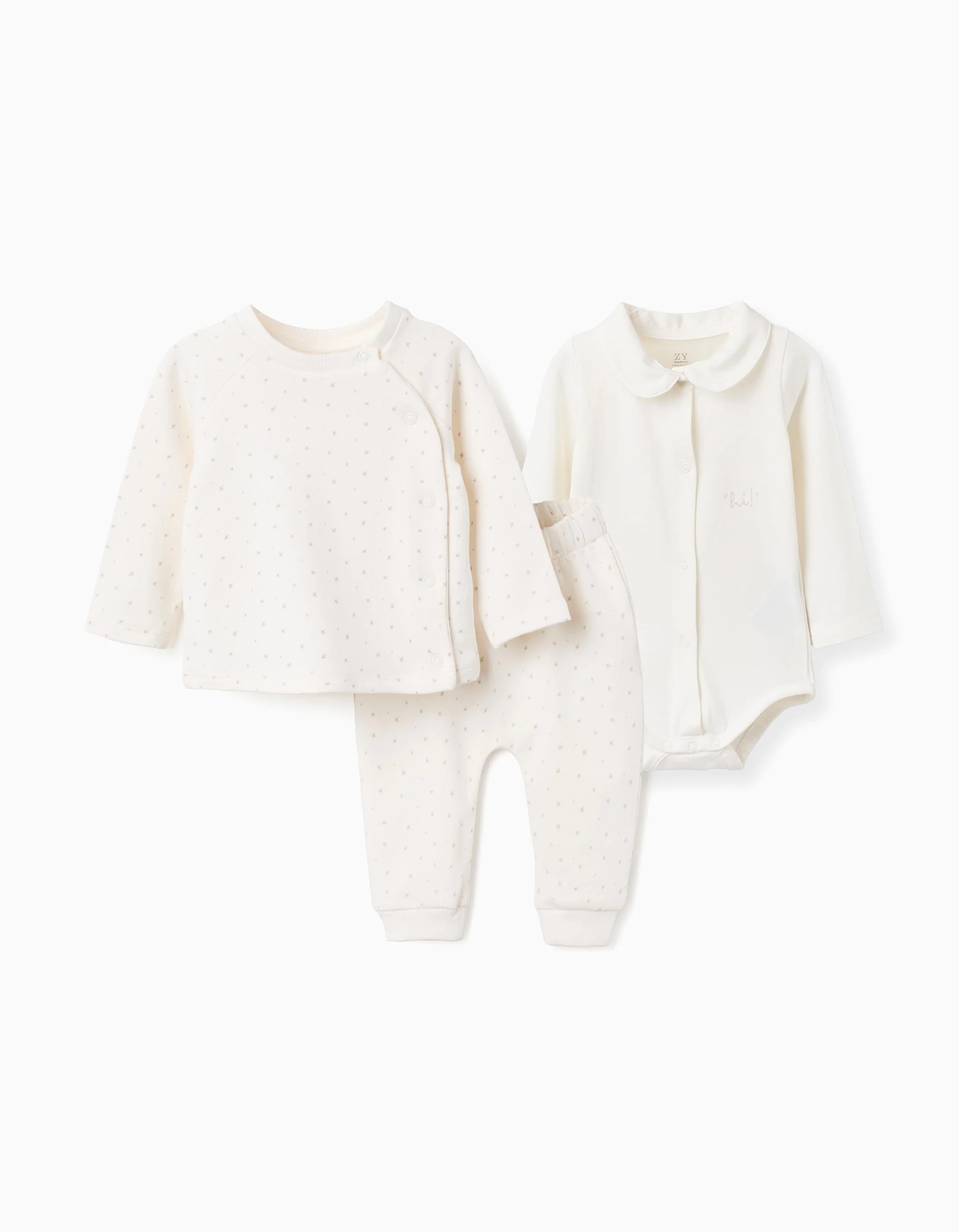 3-piece brushed set with star motif for newborns, white