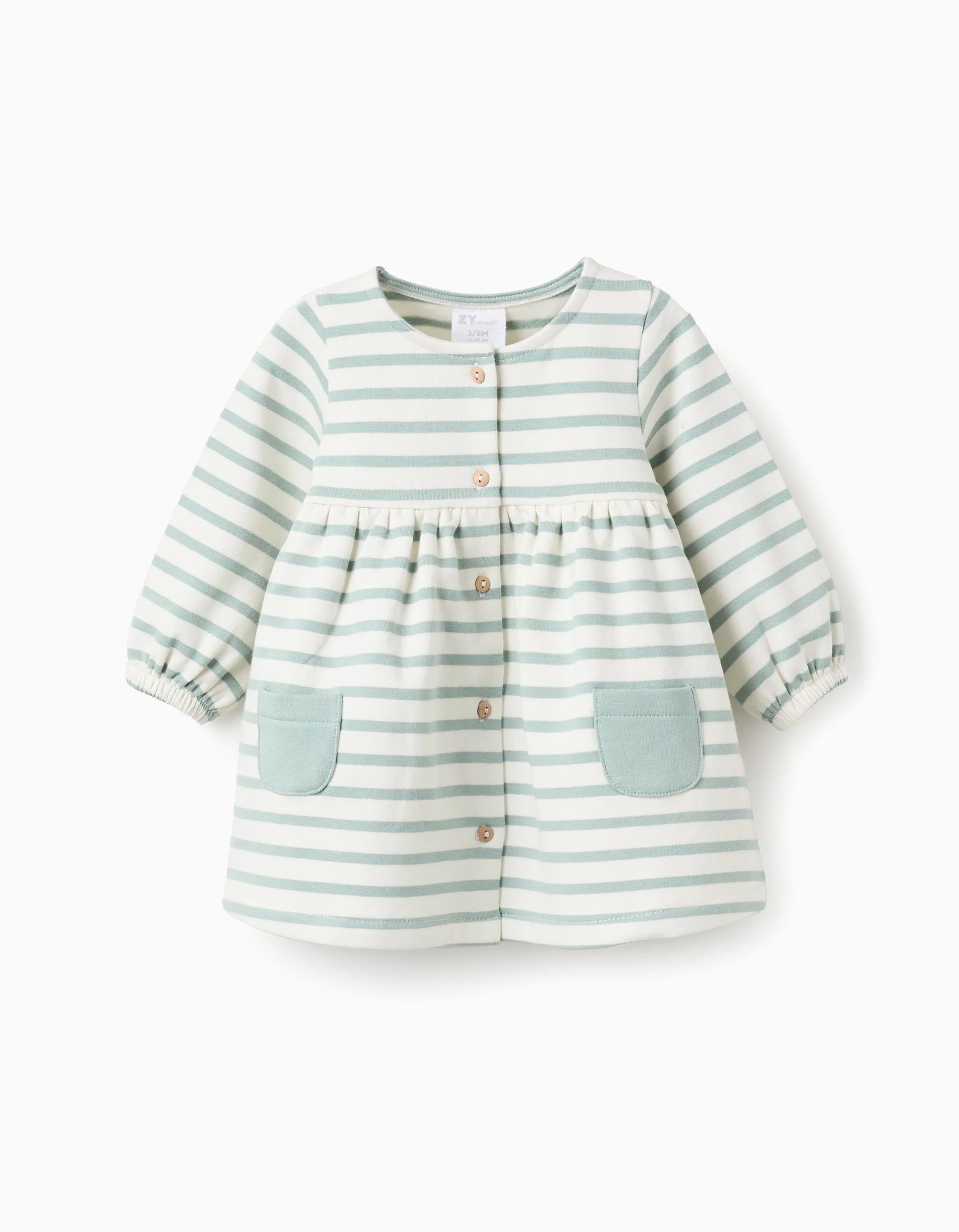 Striped Brushed Dress for Newborn Girls, White/Blue-Green