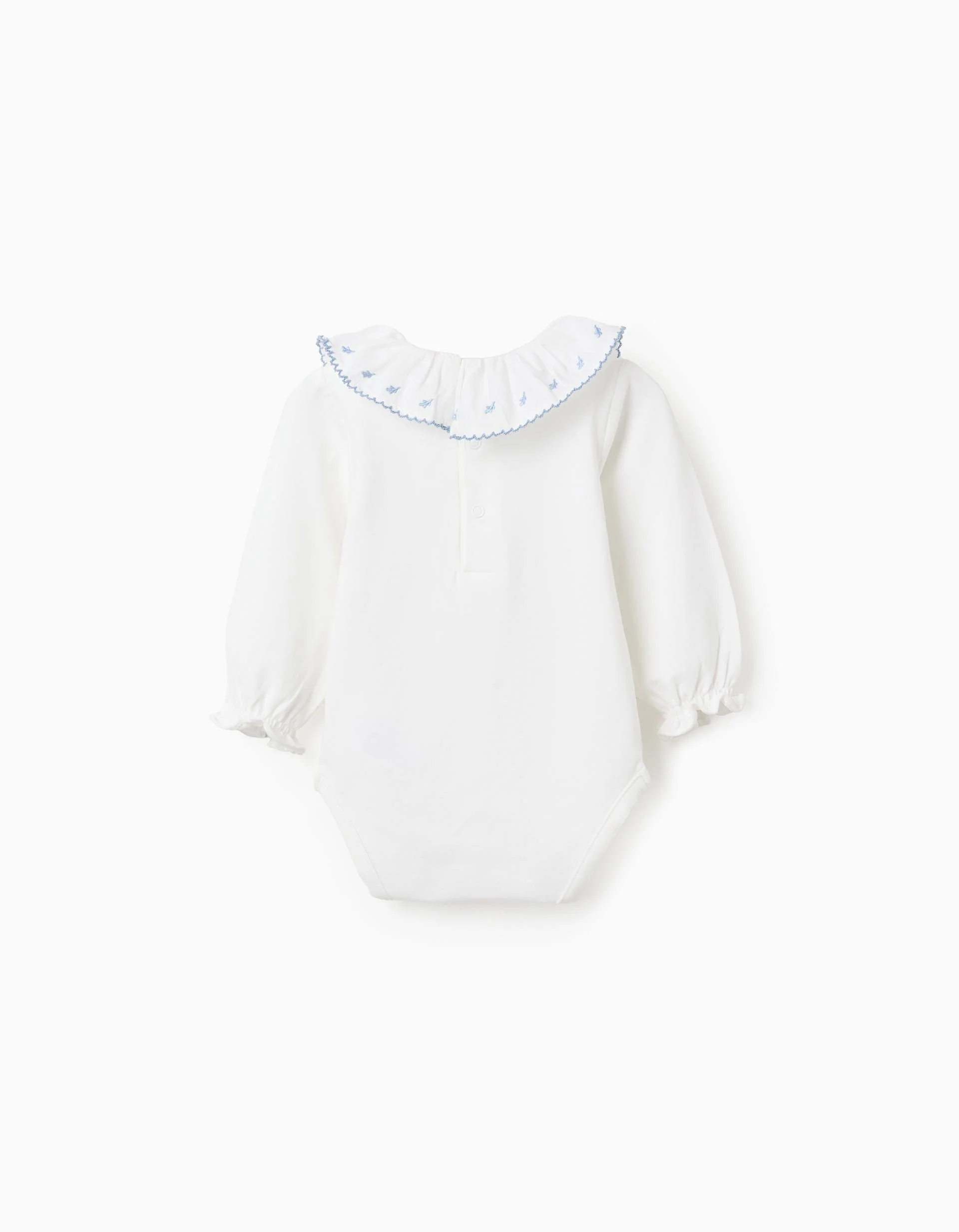 Long sleeve bodysuit with embroidered collar for newborn girls, white/blue