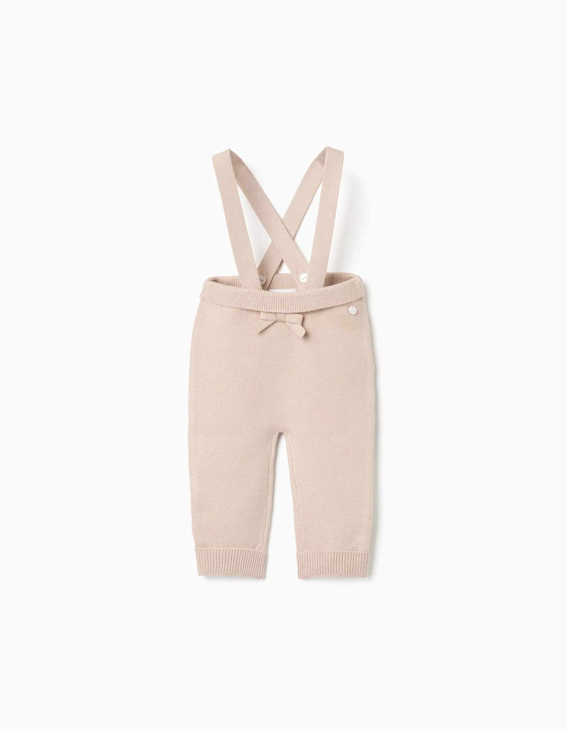 Knitted trousers with removable straps for newborn girls, beige