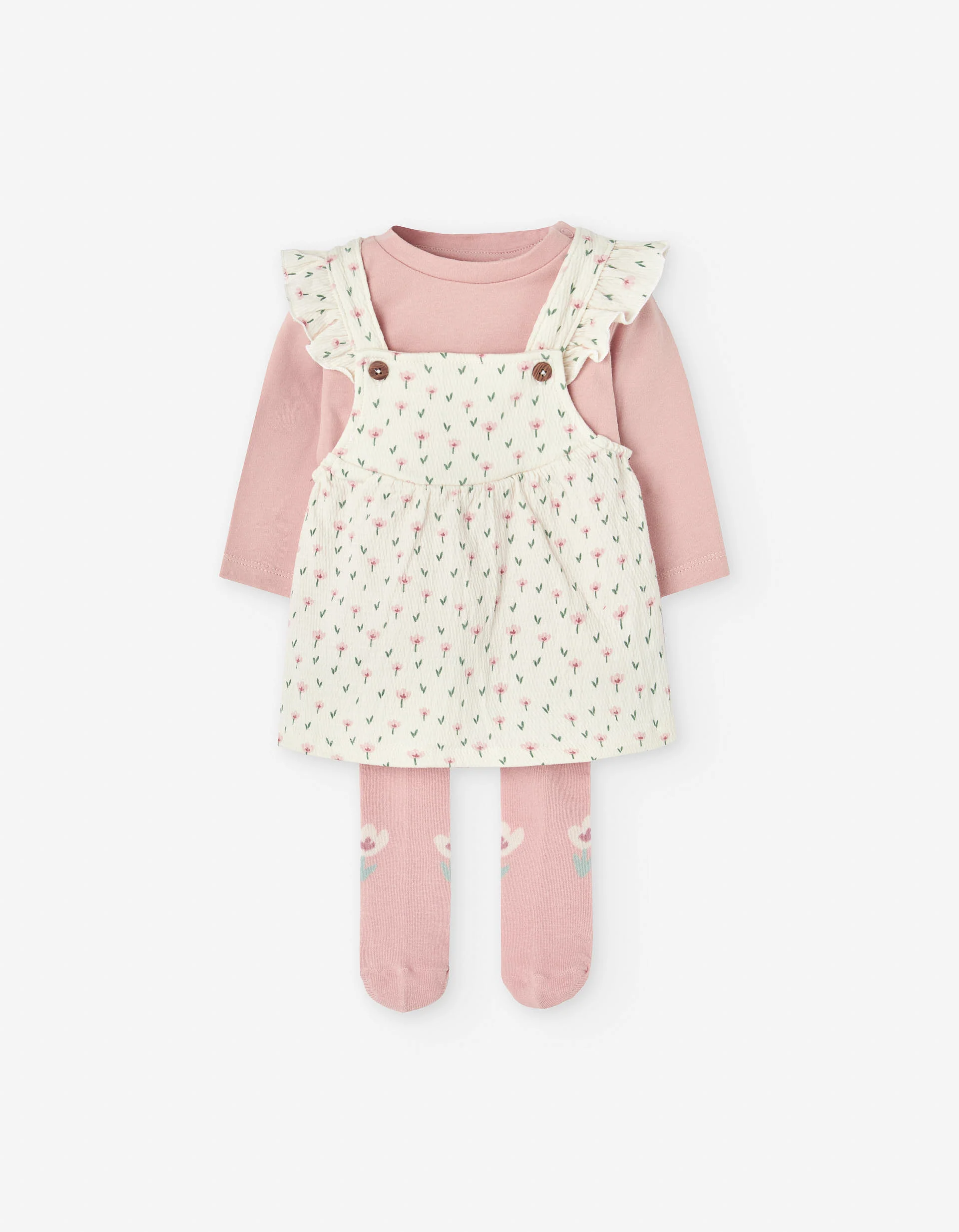 Set of T-shirt, pinafore dress and tights for newborn girls, beige/pink