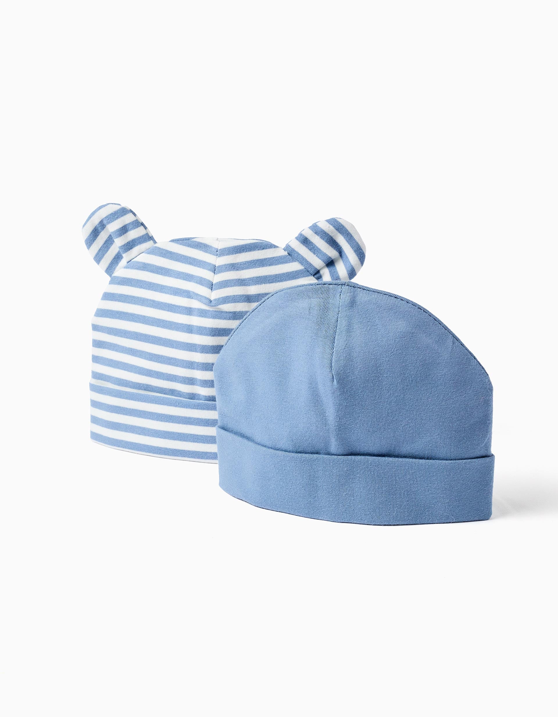 Set of 2 plain/striped beanies for newborn boys, blue/white