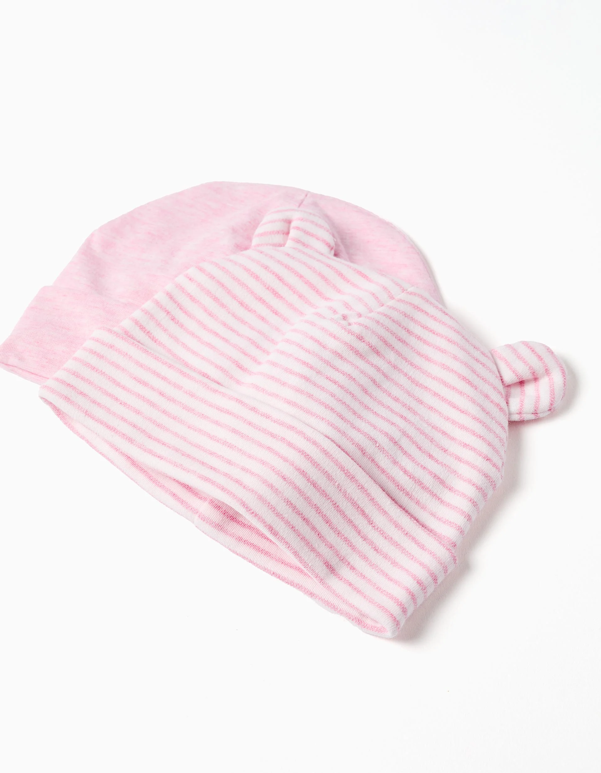 Set of 2 cotton plain/striped beanies for newborn girls, pink/white