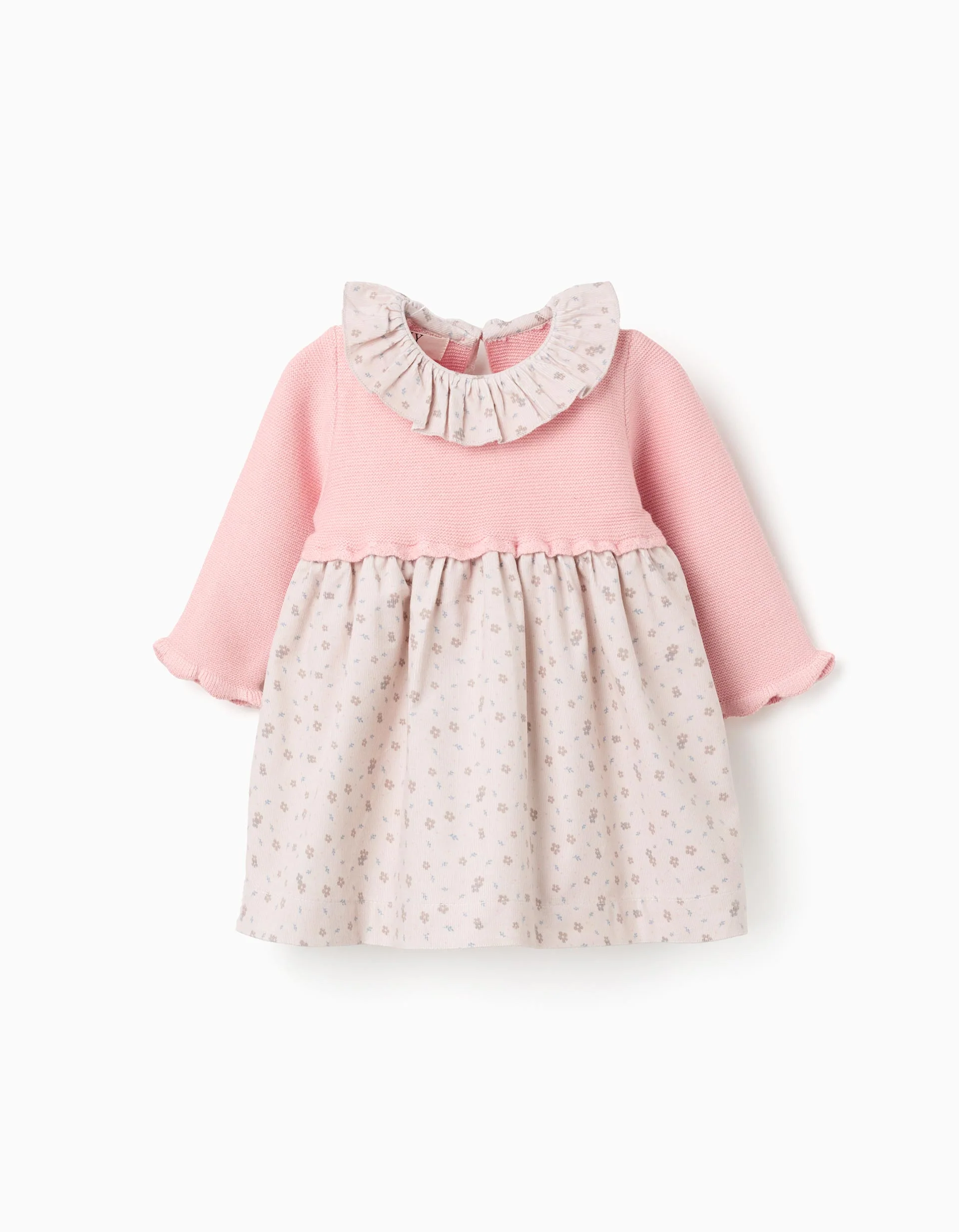 Dual-fabric dress with floral motif for newborn girls, pink/beige