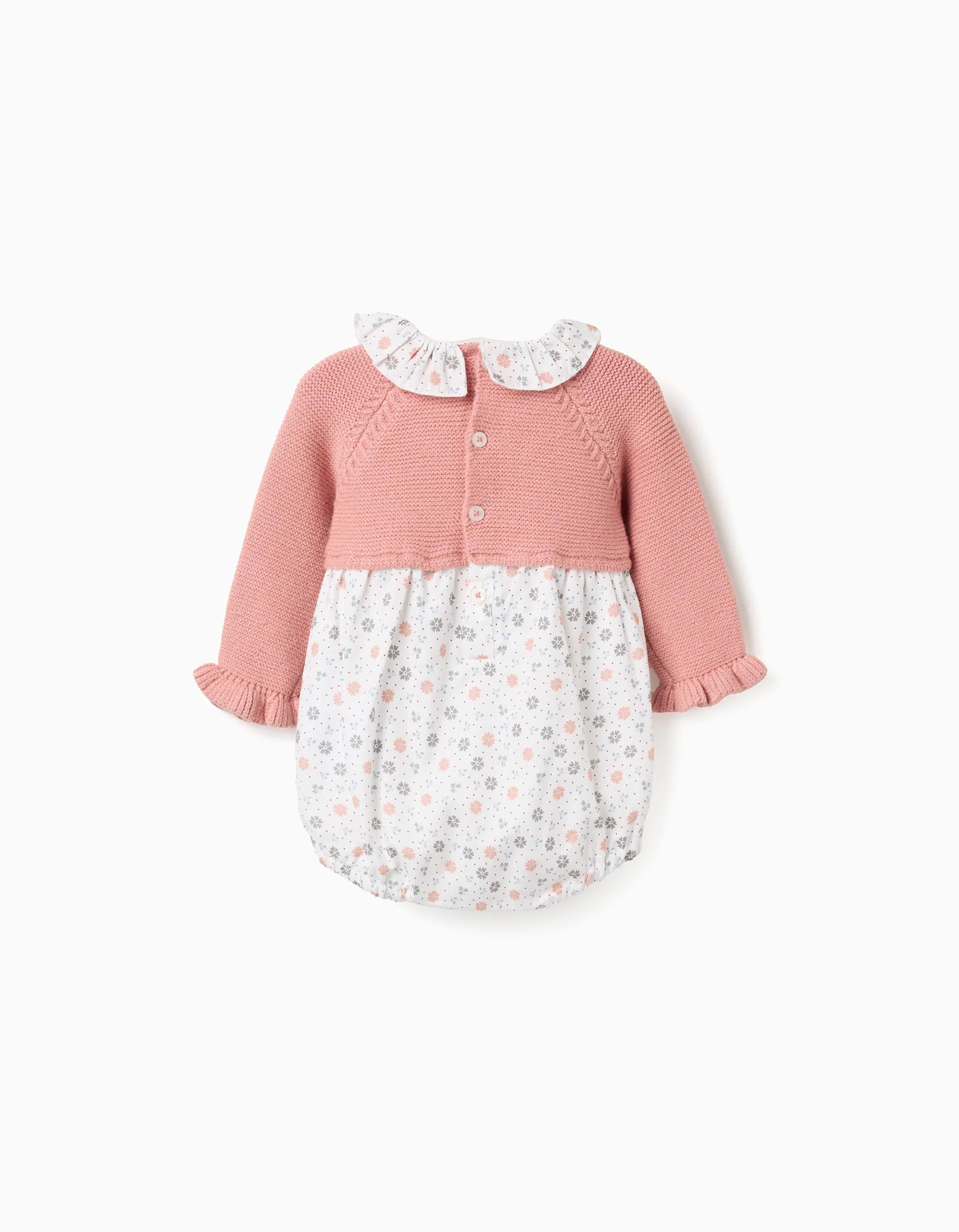 Dual-fabric jumpsuit with floral pattern for newborn girls, pink/white
