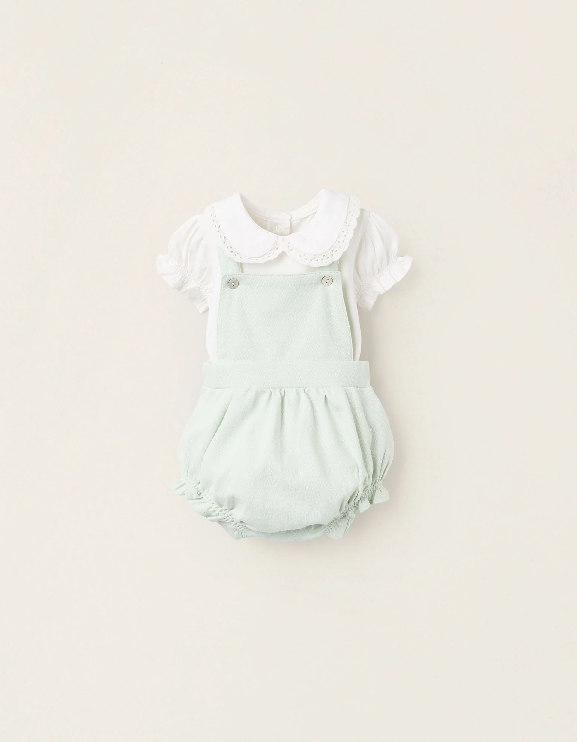 Bodysuit + Piqué Jumpsuit with Ruffles for Newborn Girls, White/Green