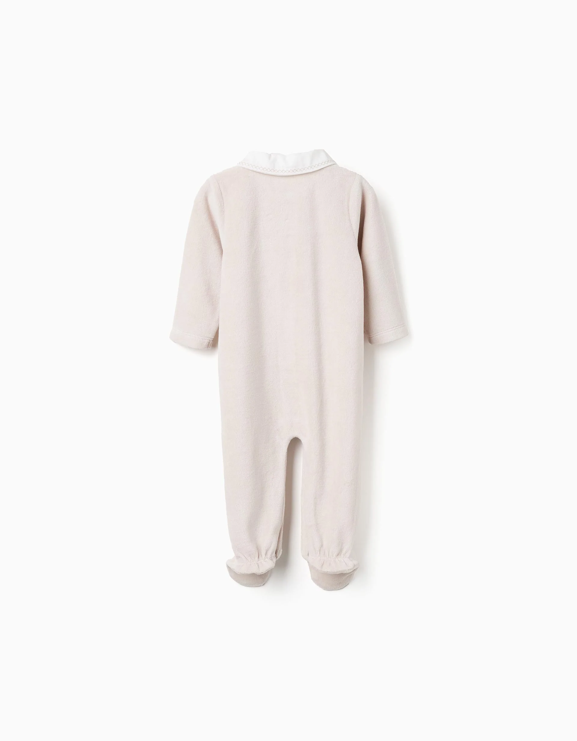 Velvet Babygrow with Embroidered Collar for Newborn Boys, Beige