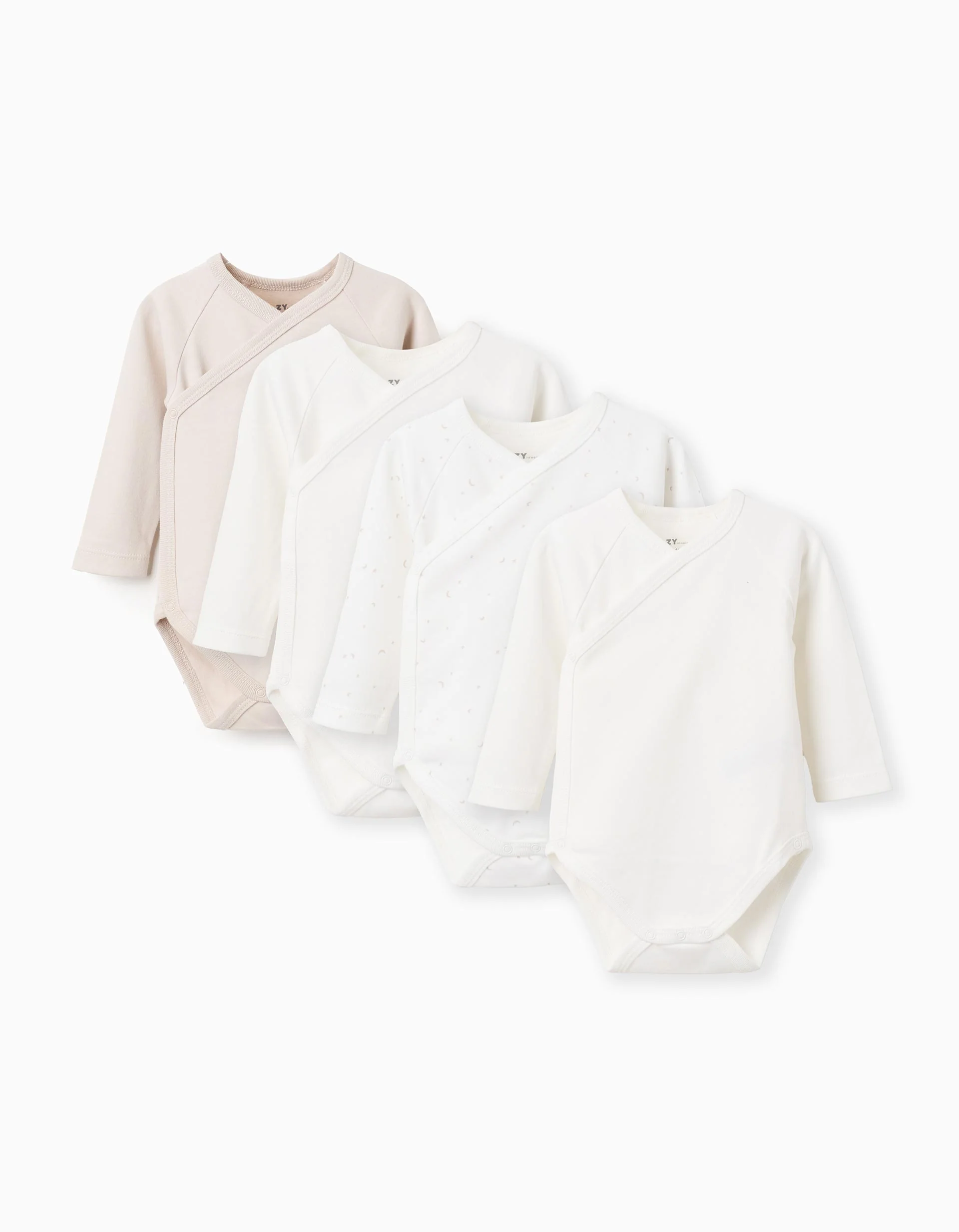 4 wrapover plain/printed bodysuits for newborns and babies, white/beige