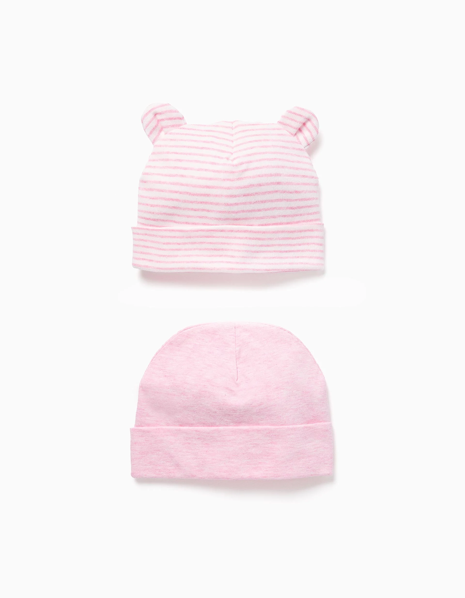 Set of 2 cotton plain/striped beanies for newborn girls, pink/white