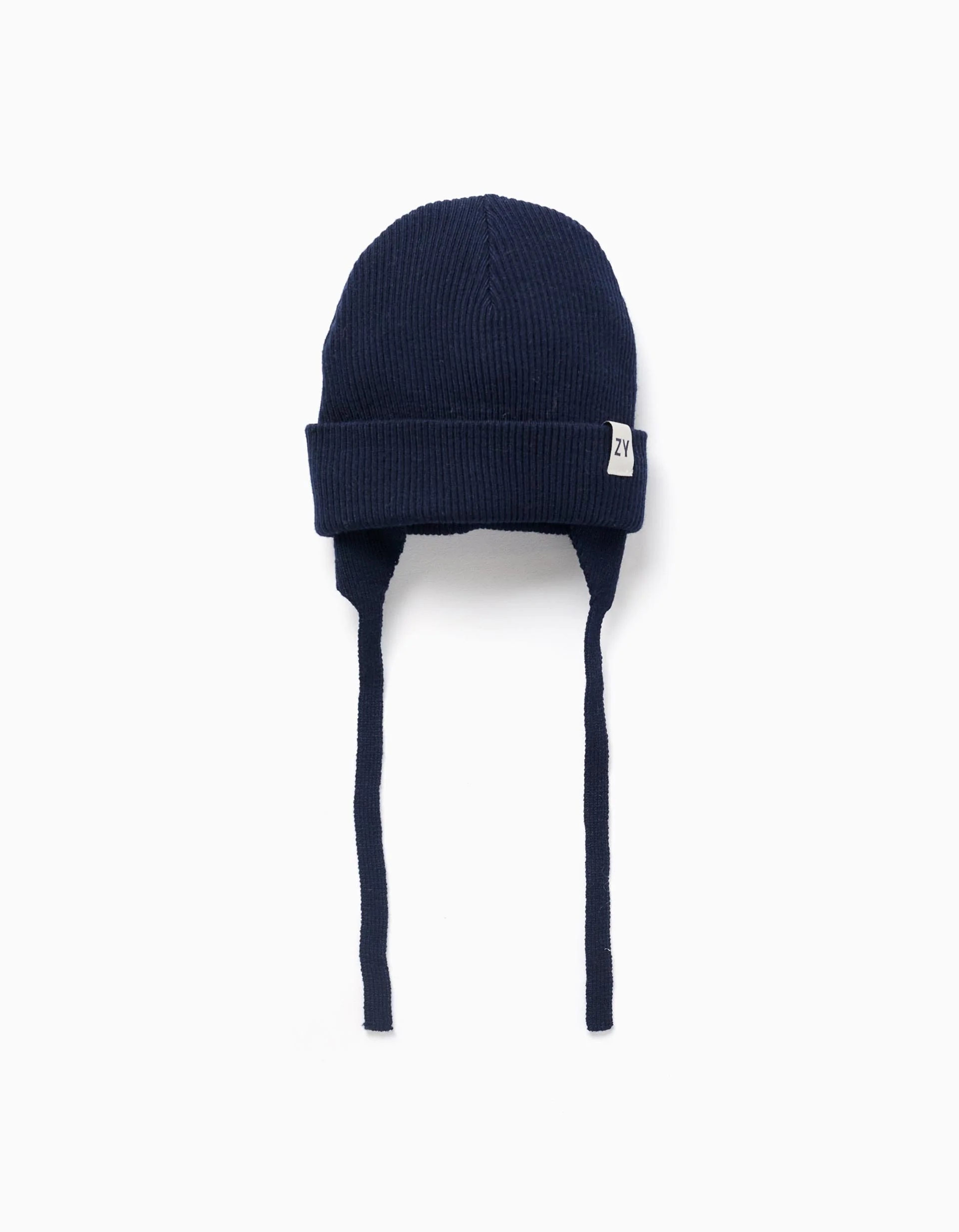 Knitted beanie with straps and ear protection for baby boys, dark blue