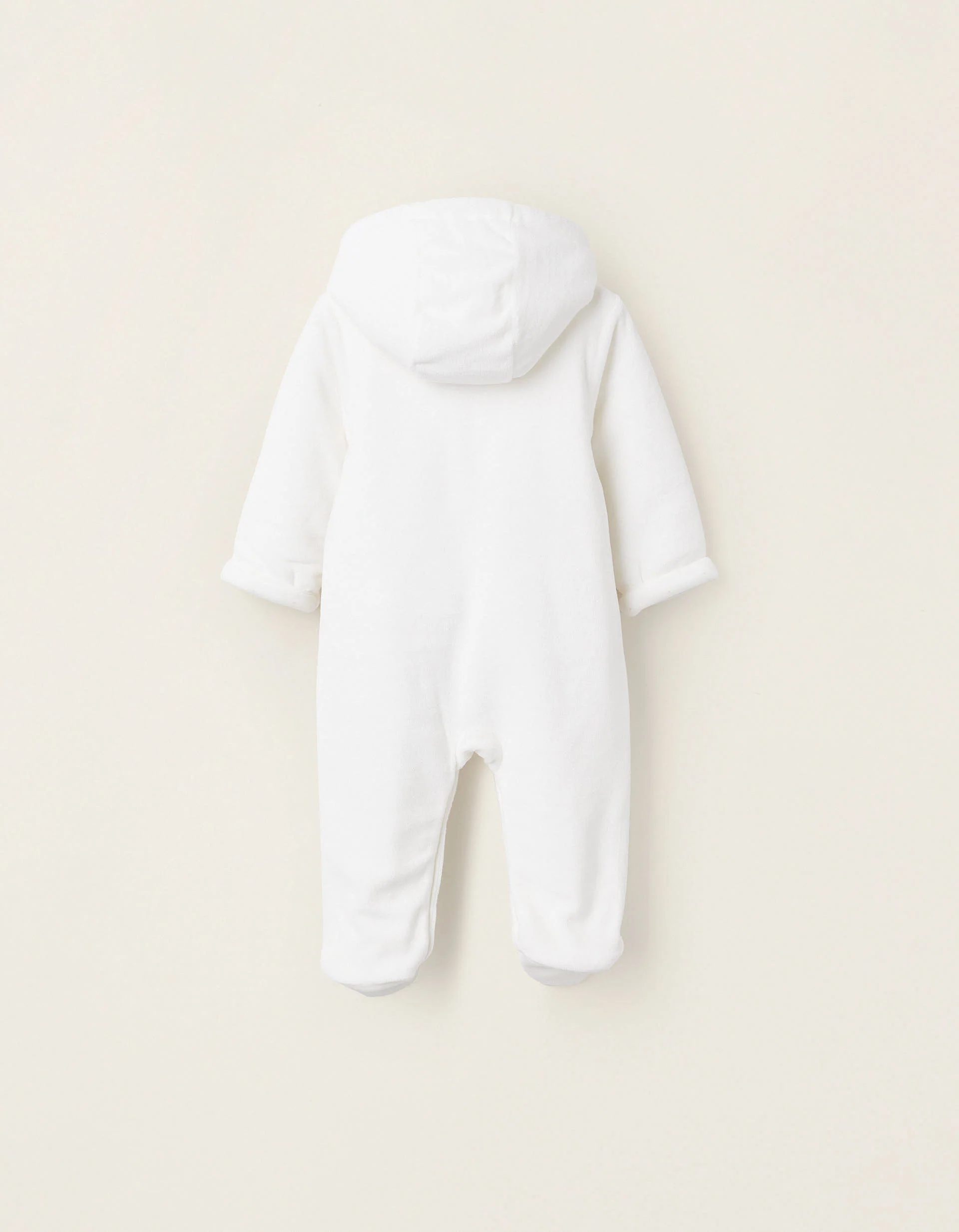 Padded Velvet Sleepsuit with Hood and Embroidery for Newborns, White