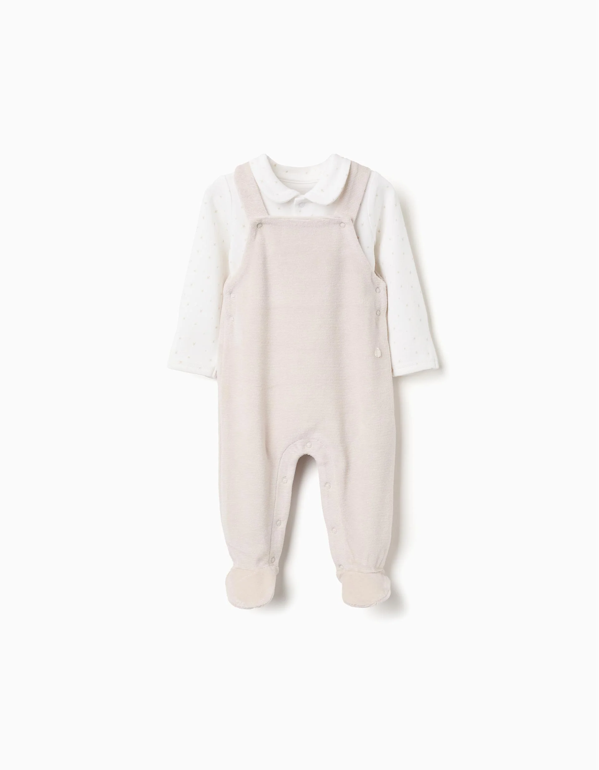Cotton Bodysuit + Velvet Jumpsuit for Newborn Girls, White/Beige