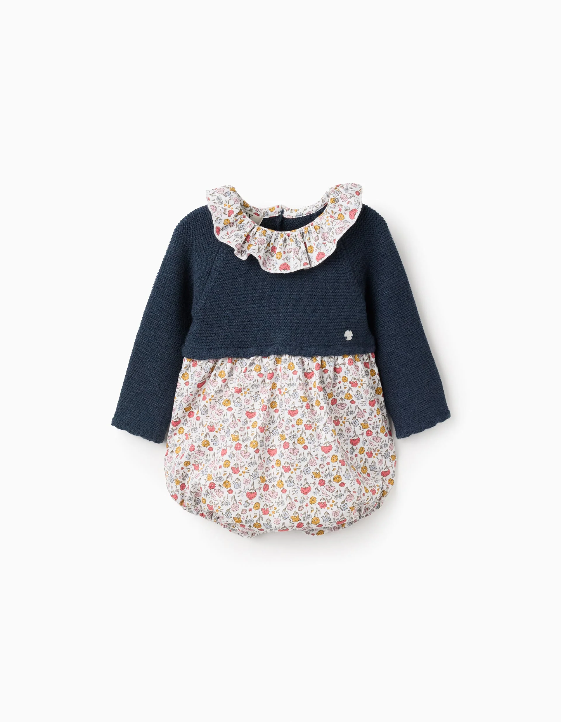 Floral Dual-Fabric Romper for Newborns, Blue/White