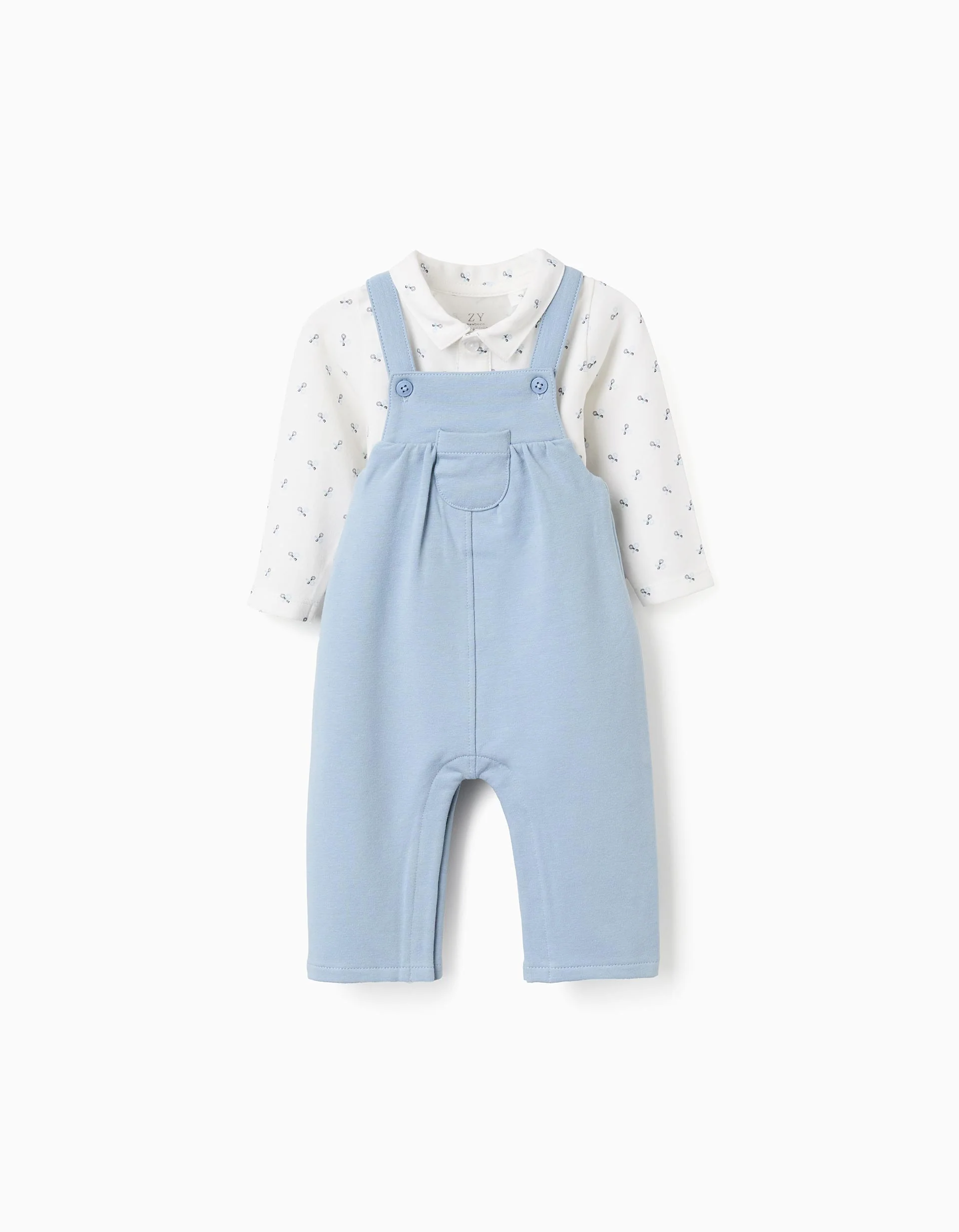 Polo-Bodysuit + Dungarees for Newborn Boys, White/Light Blue