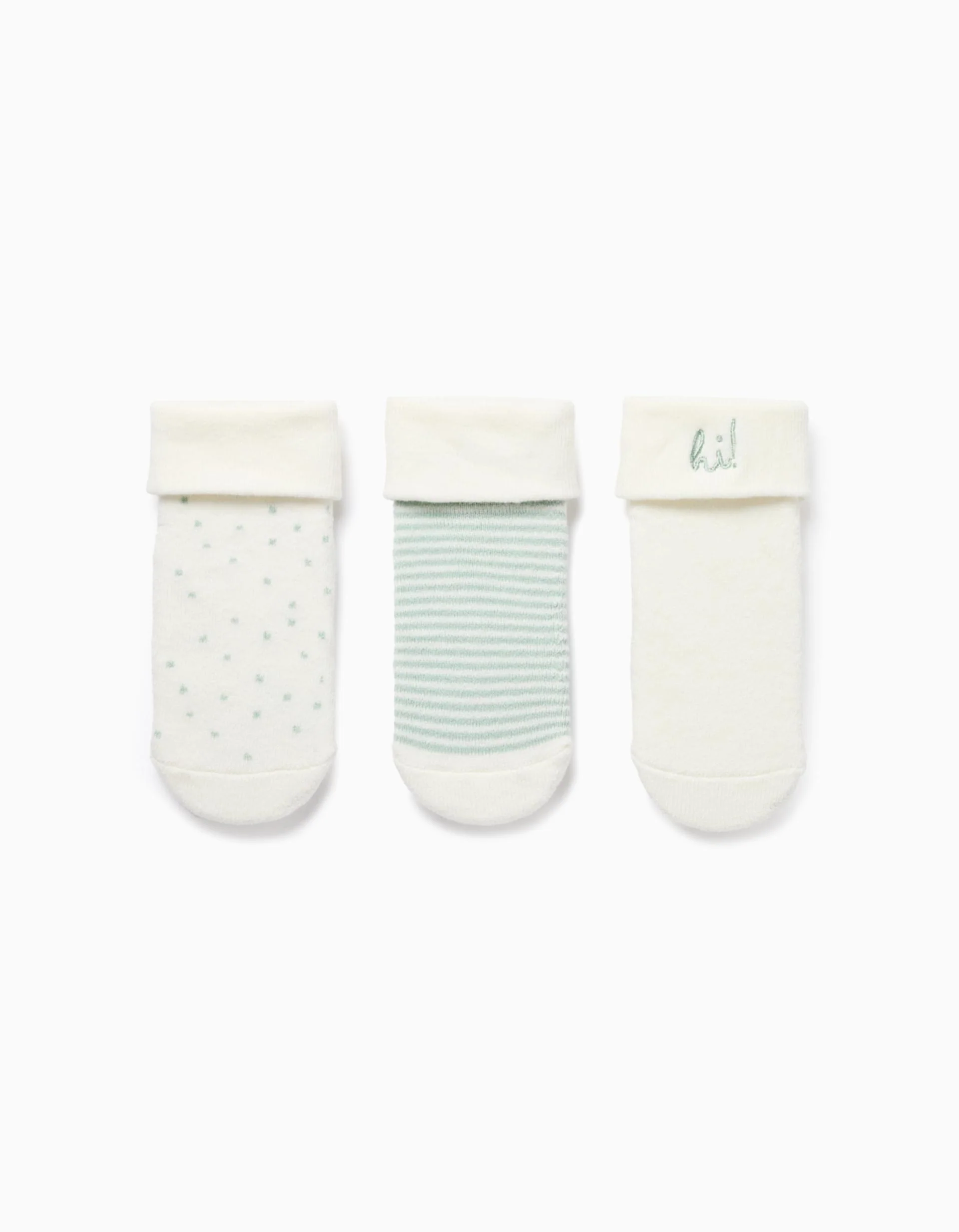 3 pairs socks with folded cuff for newborn and baby boys, white/green