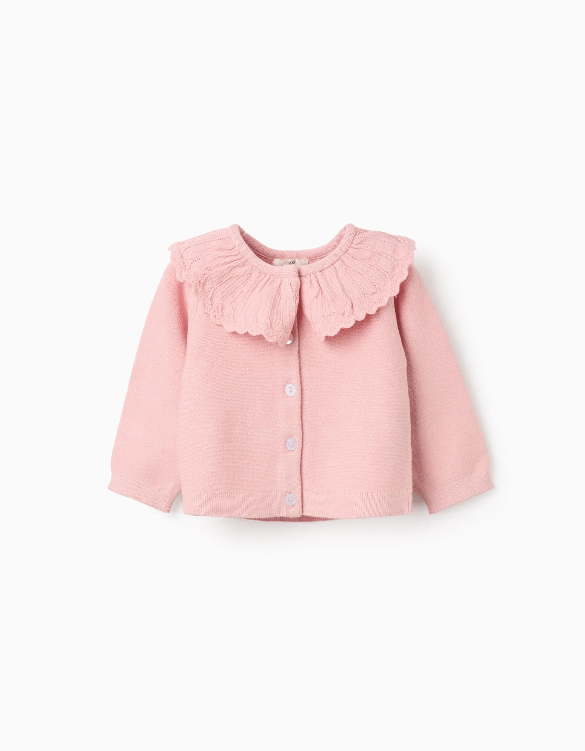 Knitted cardigan with openwork collar for newborn girls, pink