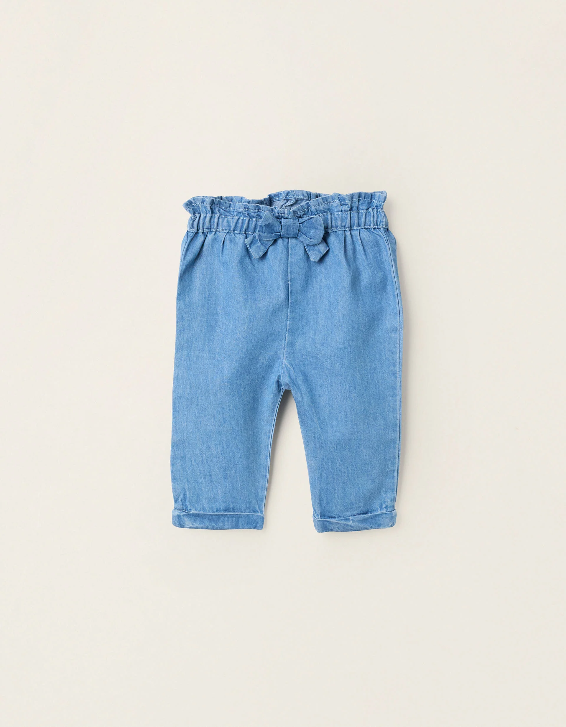 Light Cotton Denim Trousers with Bow for Newborn Girls, Blue