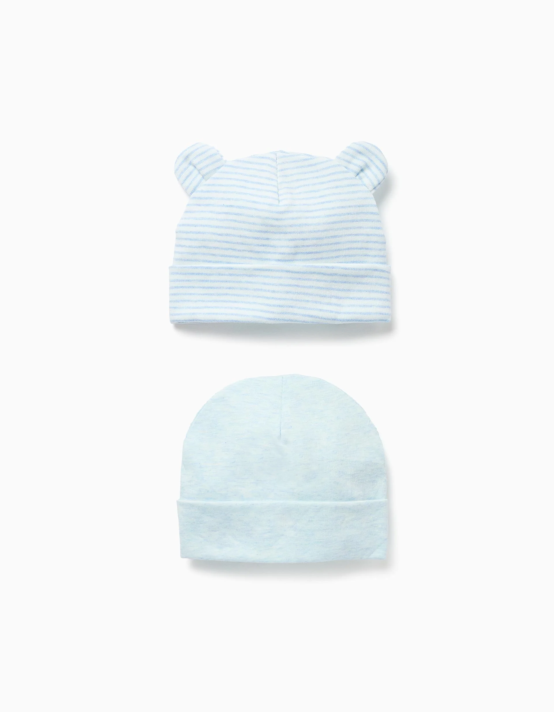 Set of 2 cotton plain/striped beanies for newborn boys, blue/white