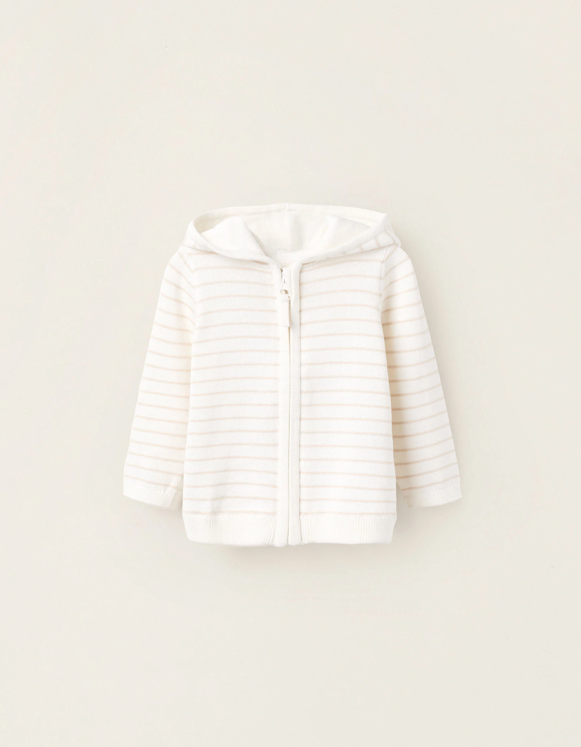 Striped Hooded Knitted Cardigan for Newborns, White/Beige