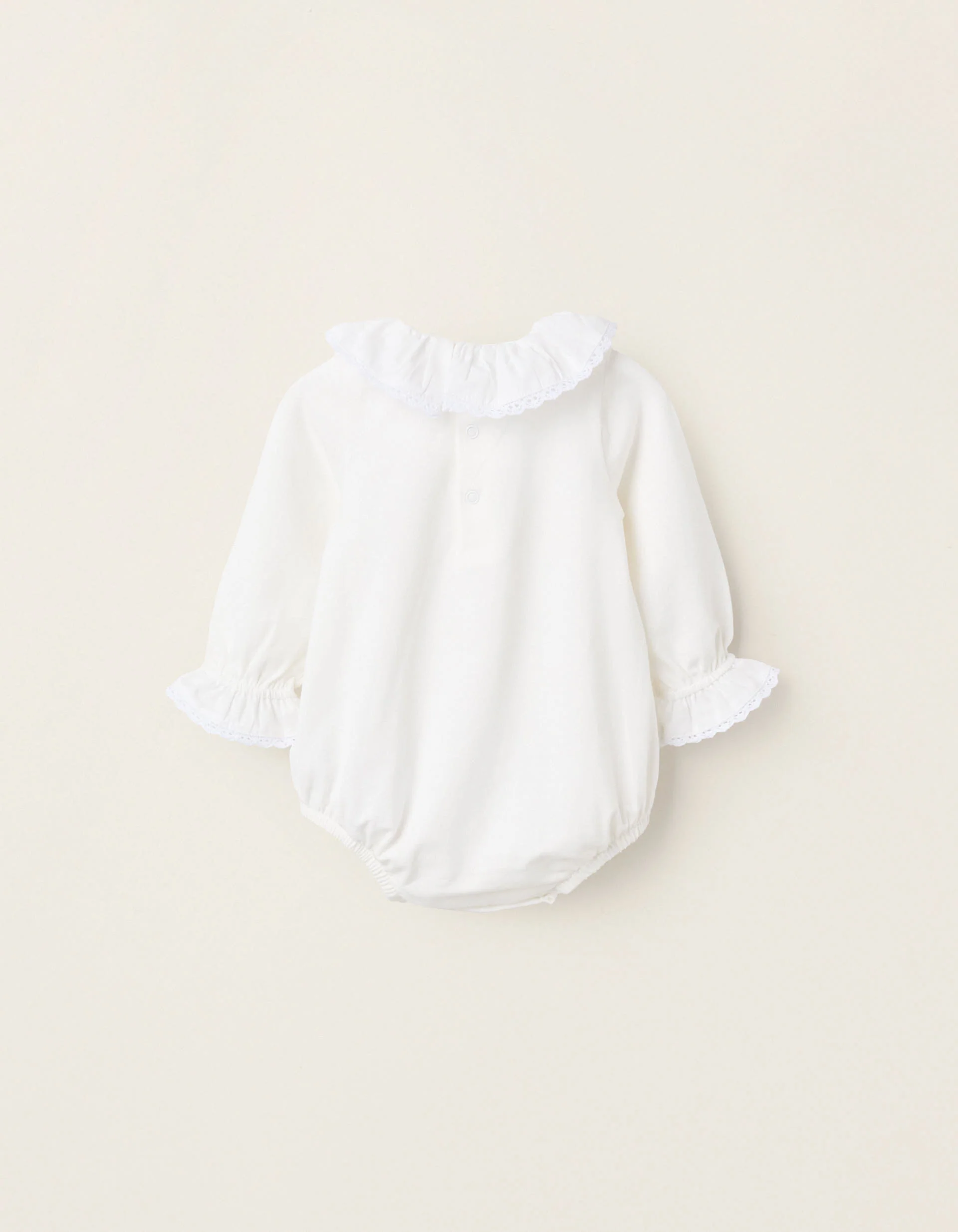 Bodysuit with Ruffles and Crochet for Newborn Girls, White
