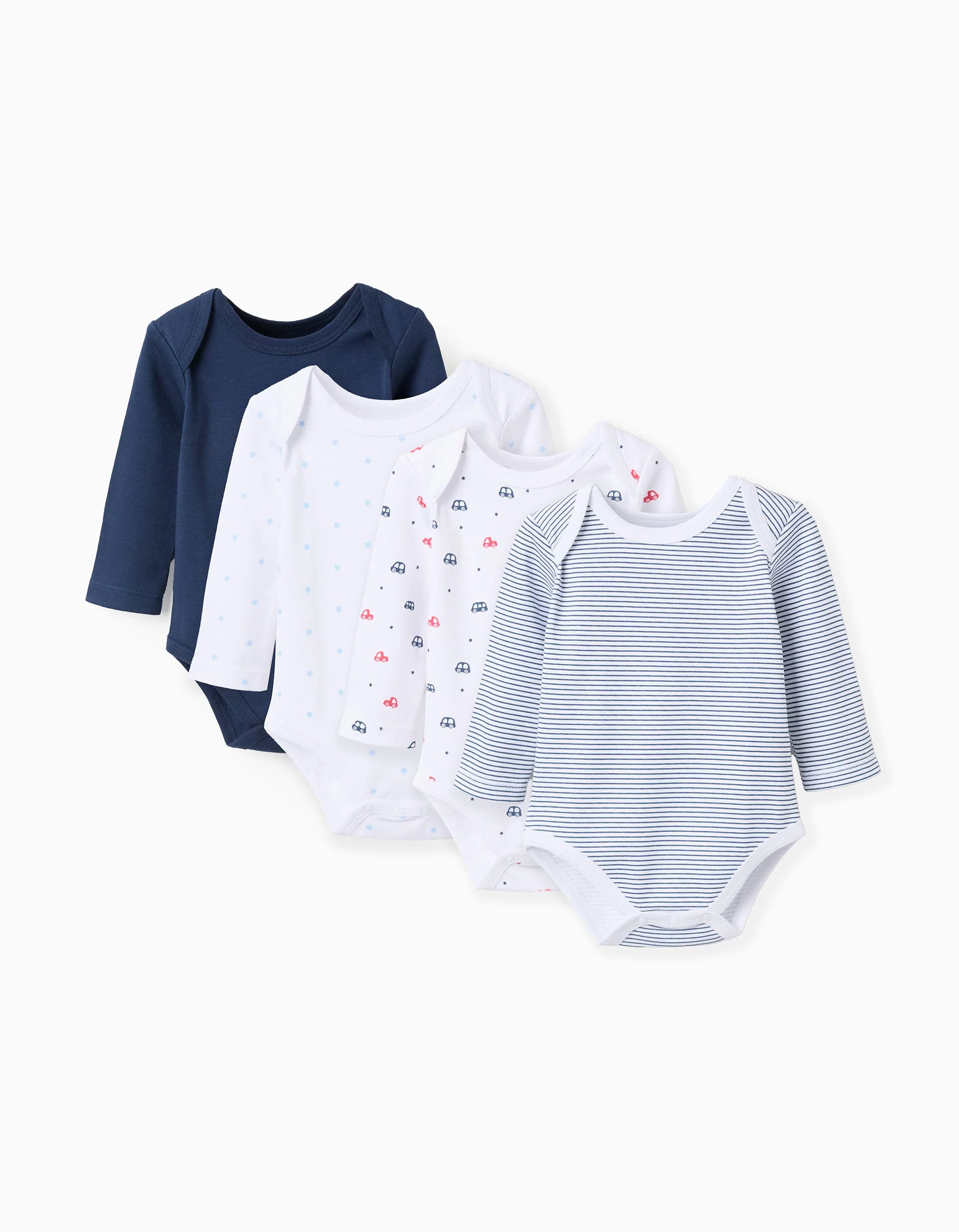 Pack of 4 Cotton Bodysuits for Baby Boys 'Cars', White/Dark Blue