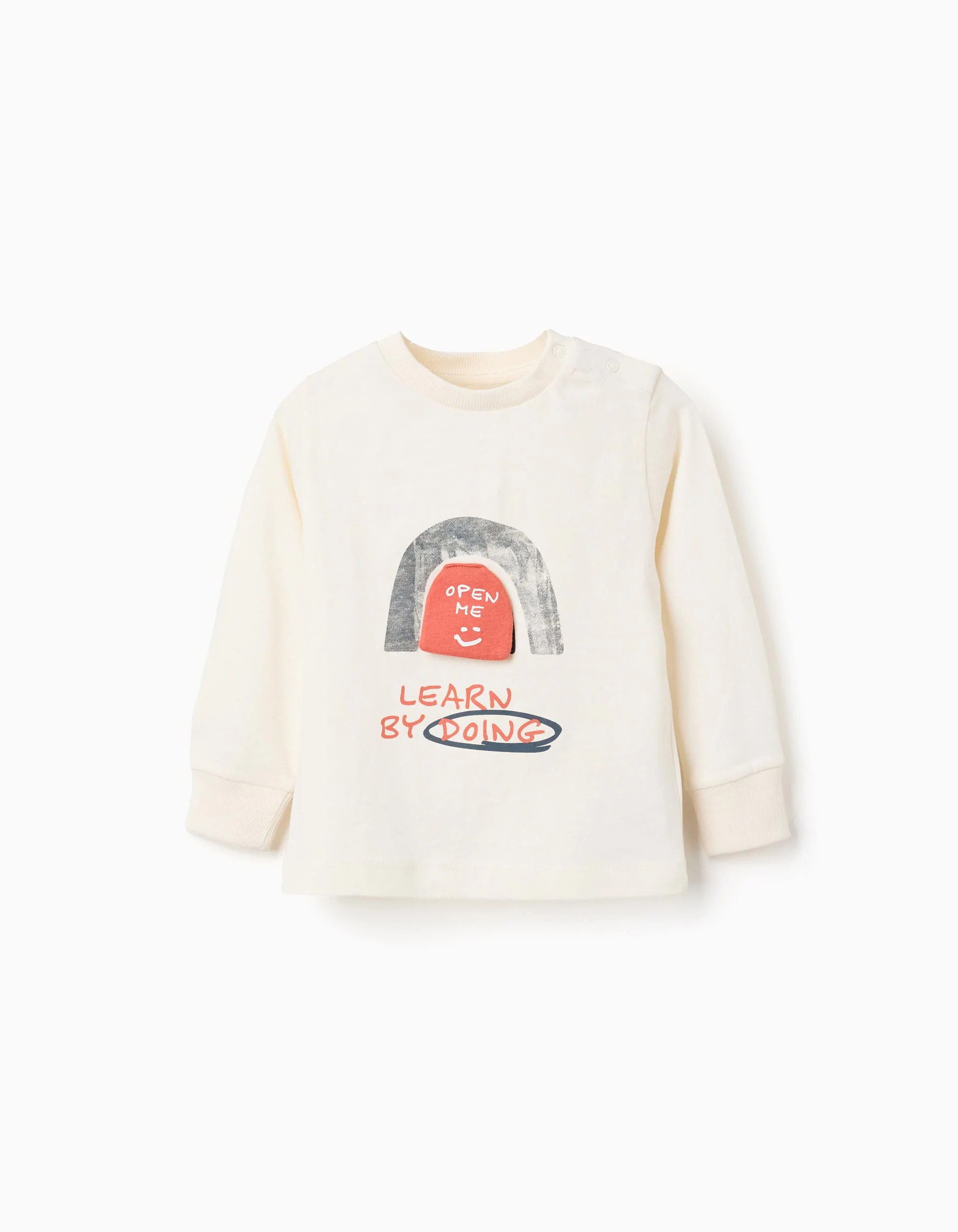 Long sleeve cotton T-shirt with fox print for baby boys, white
