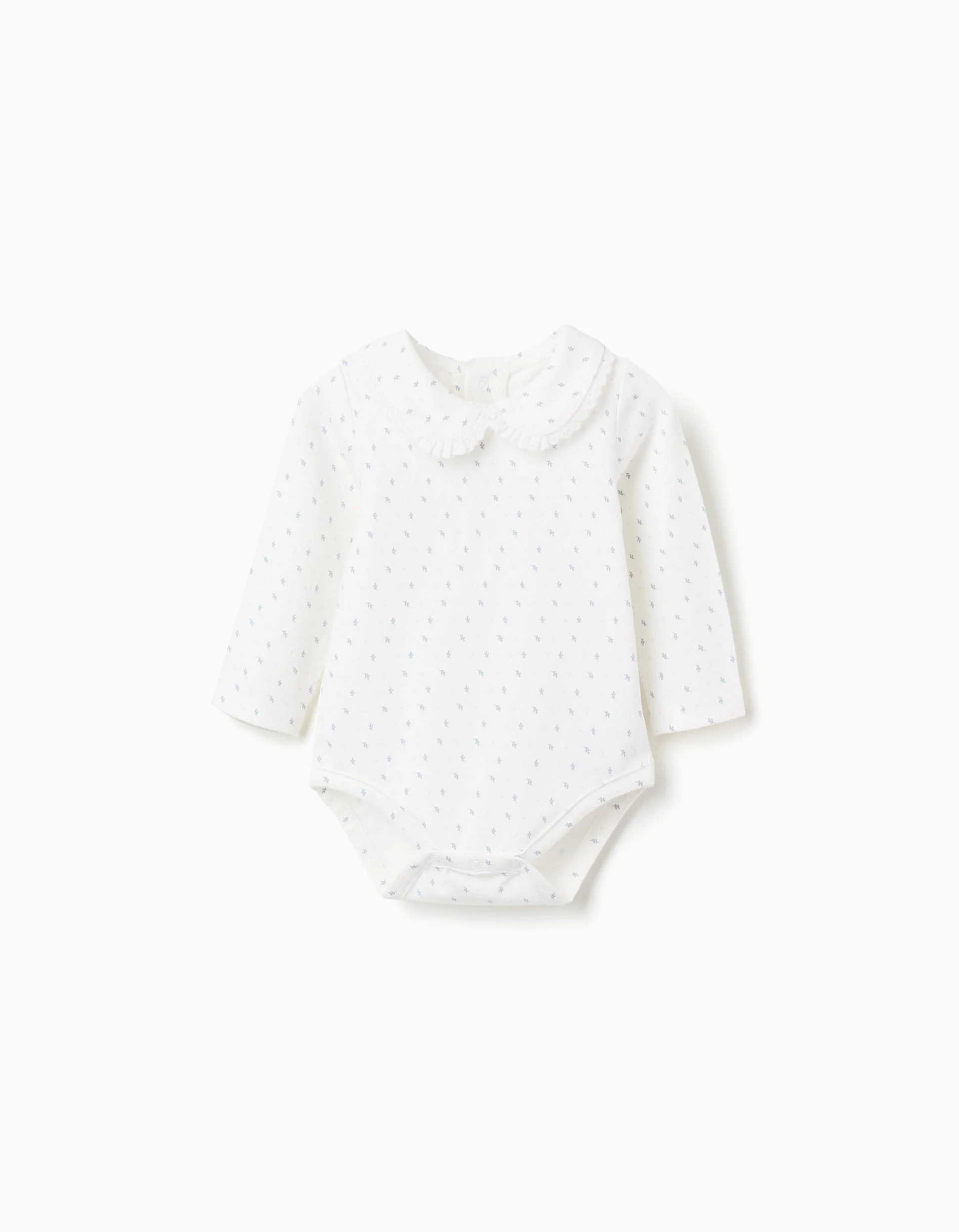 Long sleeve bodysuit with leaf motif for newborn girls, white/blue