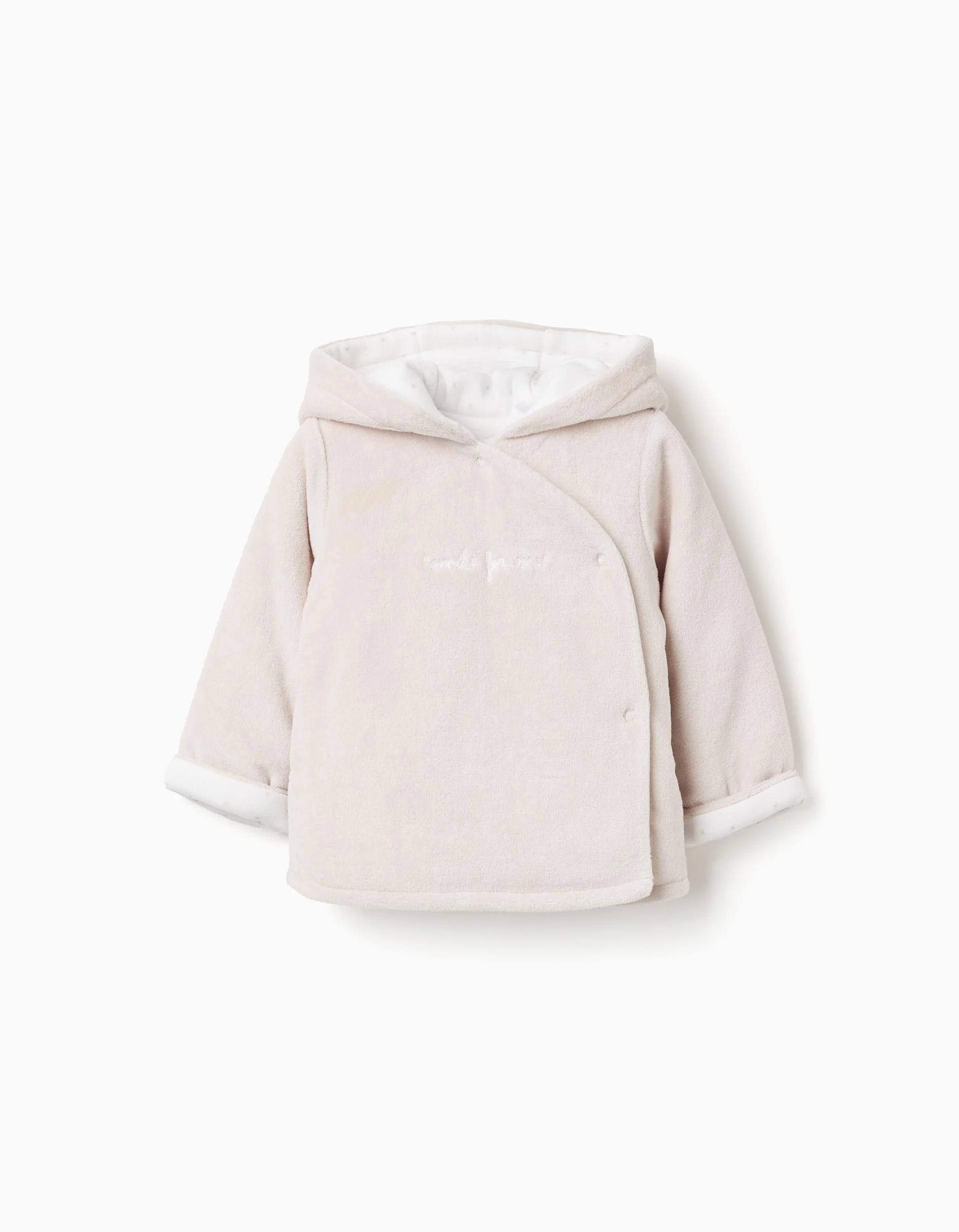 Velvet Quilted Hooded Jacket for Newborn Boys, Beige