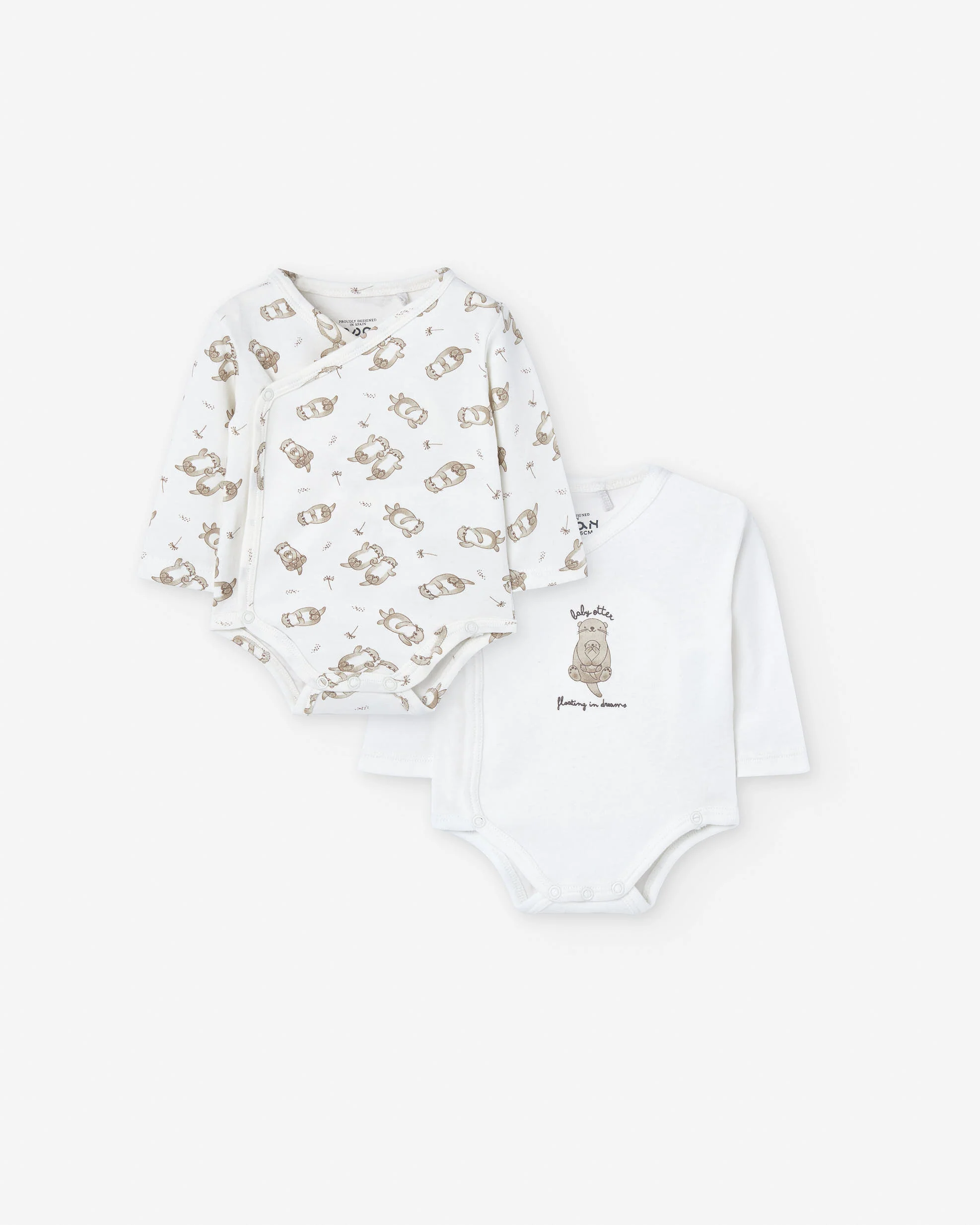 Pack of 2 wrapover bodysuits with otter motif for newborn boys, white