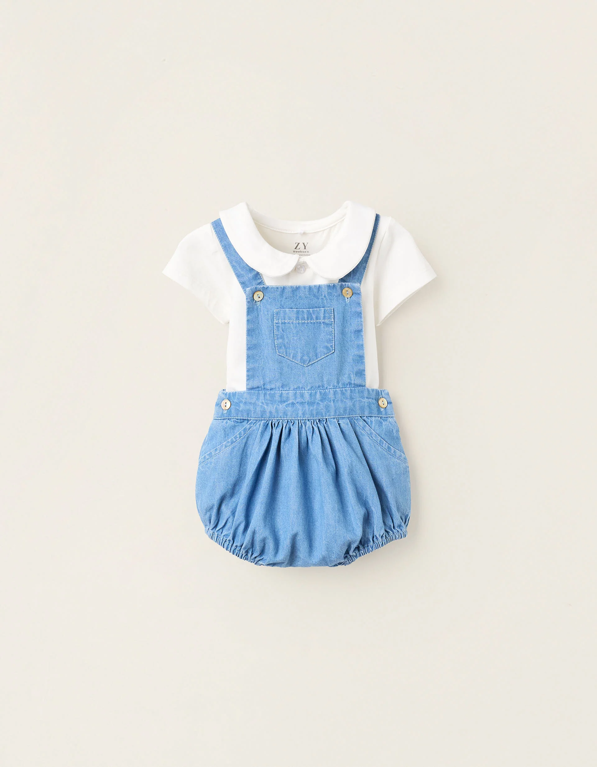 Bodysuit + Denim Jumpsuit for Newborn Boys, White/Blue