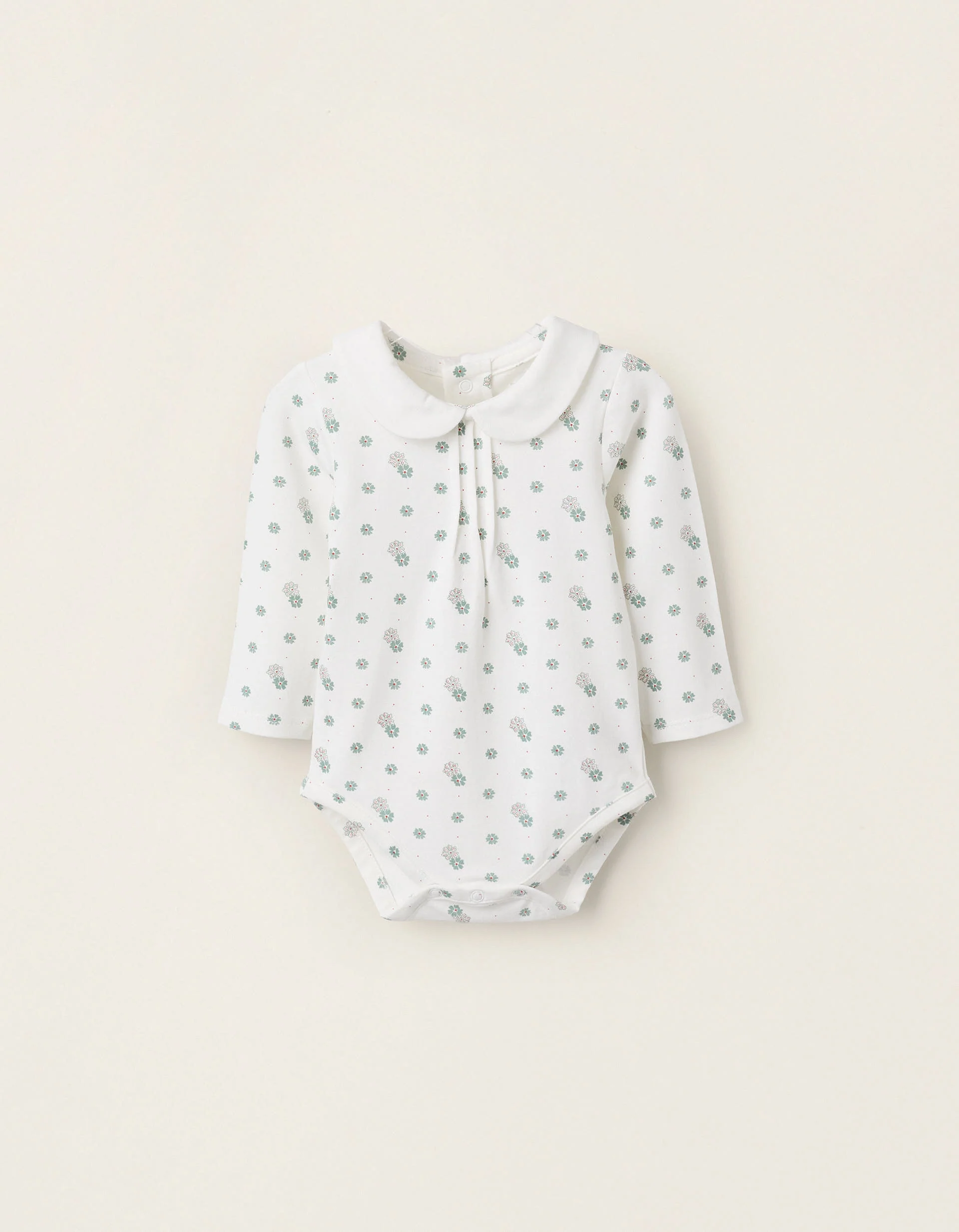Floral Bodysuit with Peter Pan Collar for Newborn Girls, White/Green