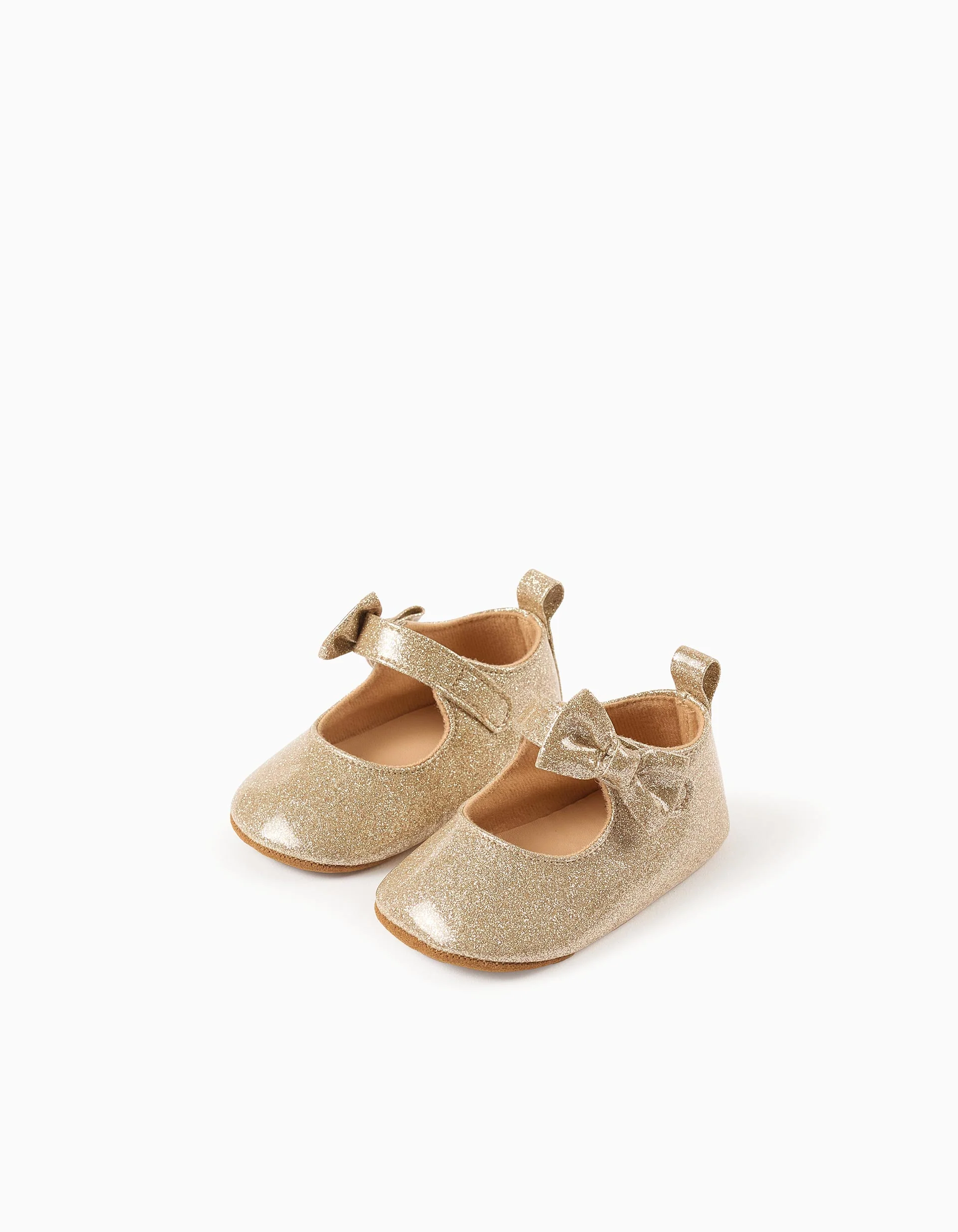 Ballerina shoes with glitter and bow for newborn girls, golden
