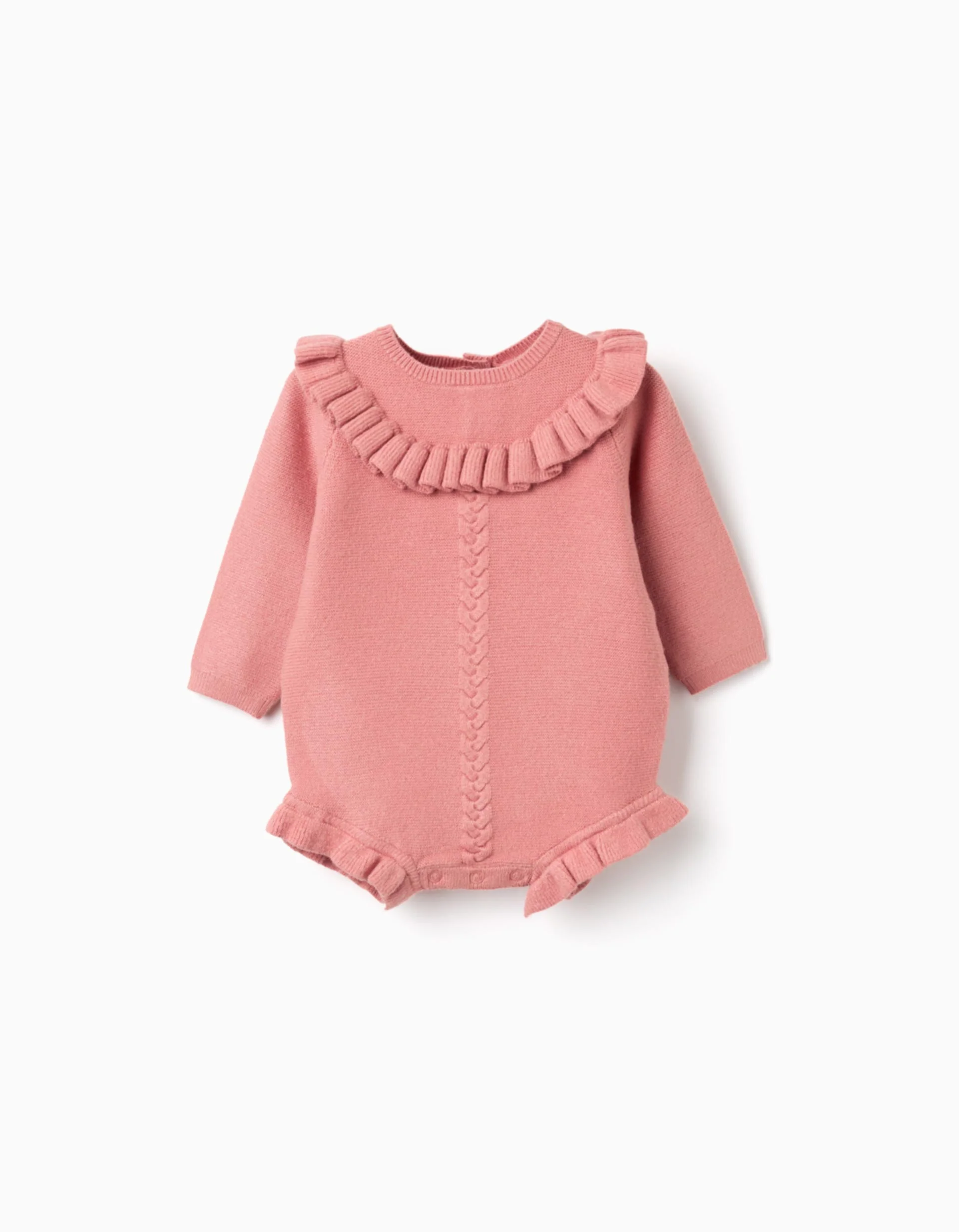 Knitted jumpsuit with ruffled details for newborn girls, pink