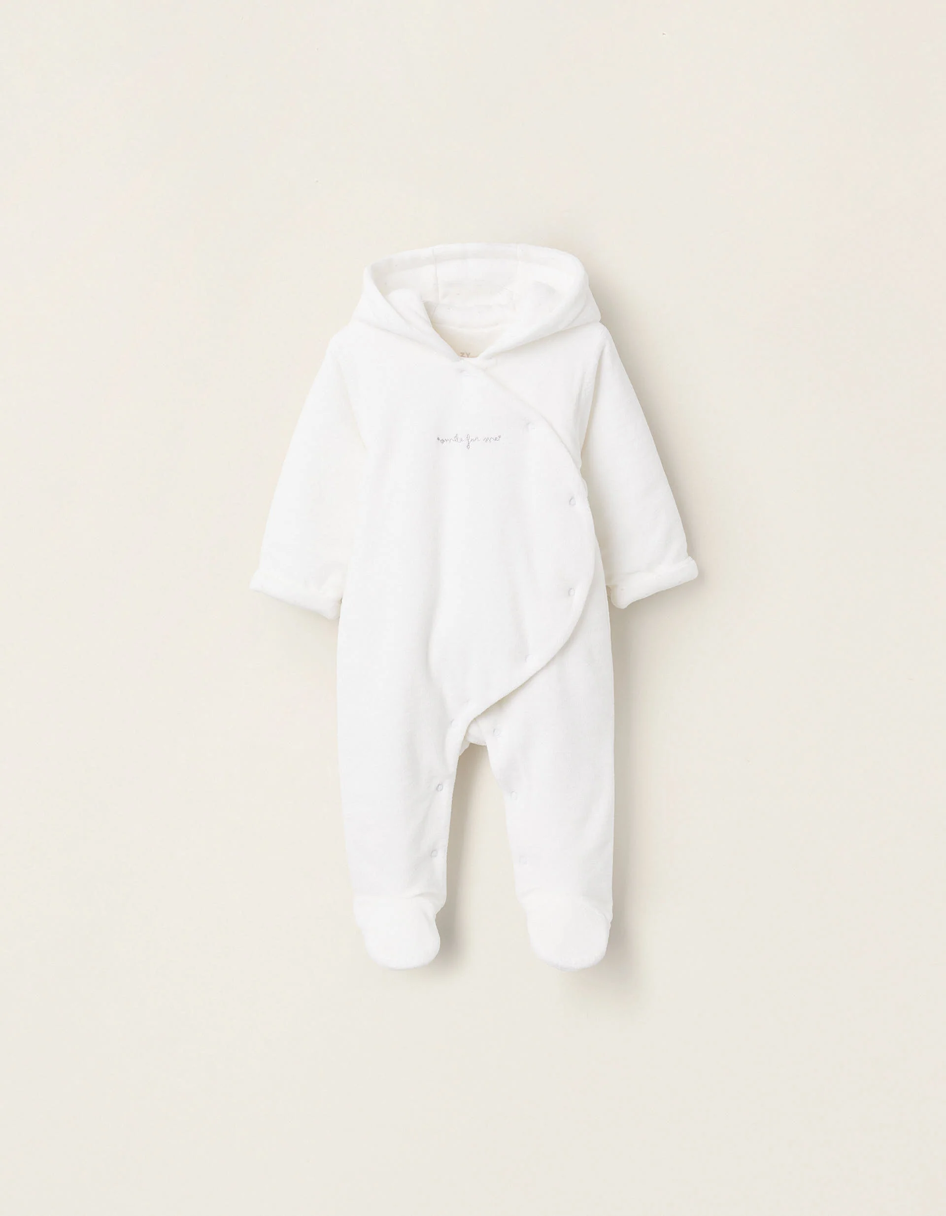 Padded Velvet Sleepsuit with Hood and Embroidery for Newborns, White