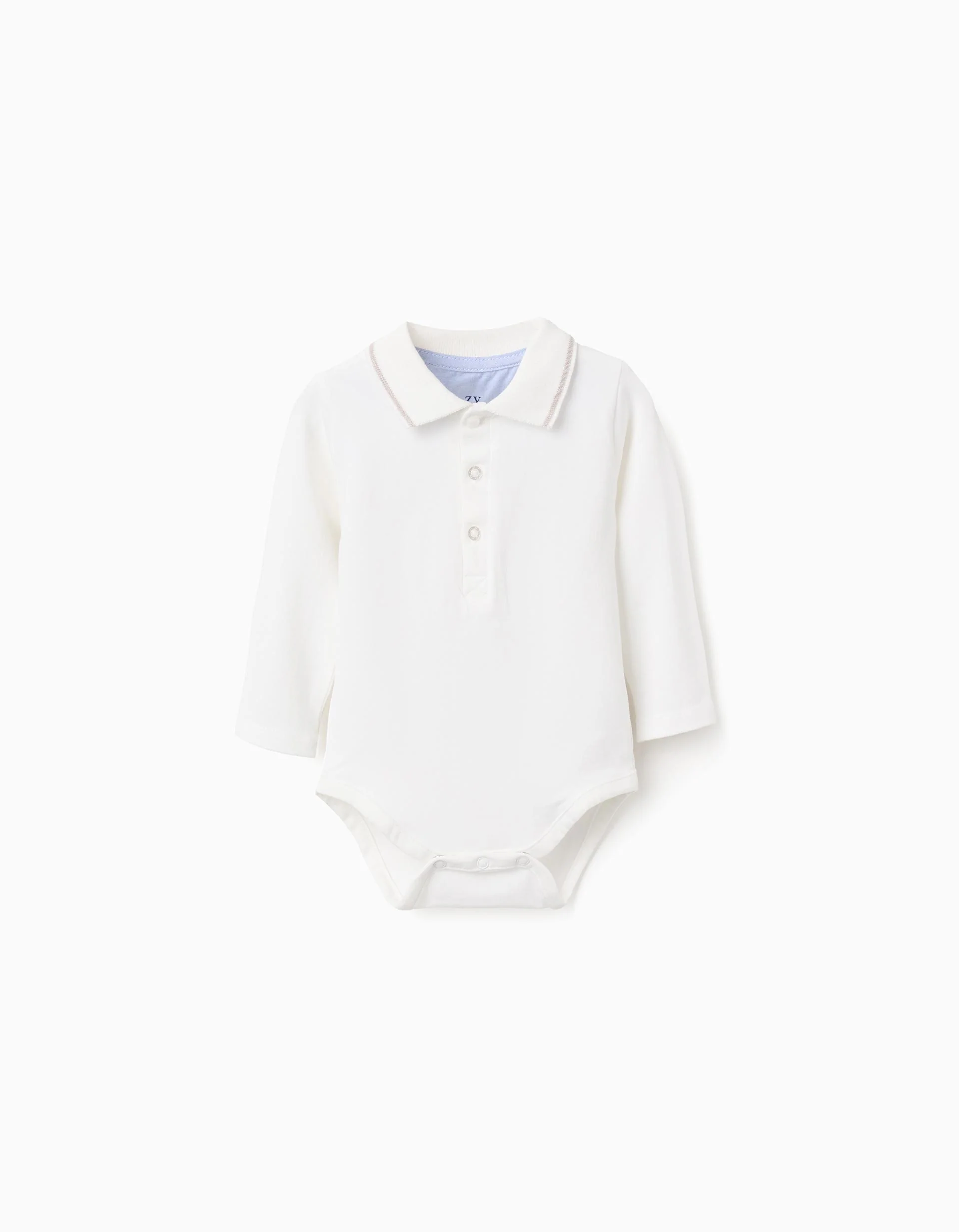 Long sleeve polo-bodysuit with stripes for newborn boys, white/beige
