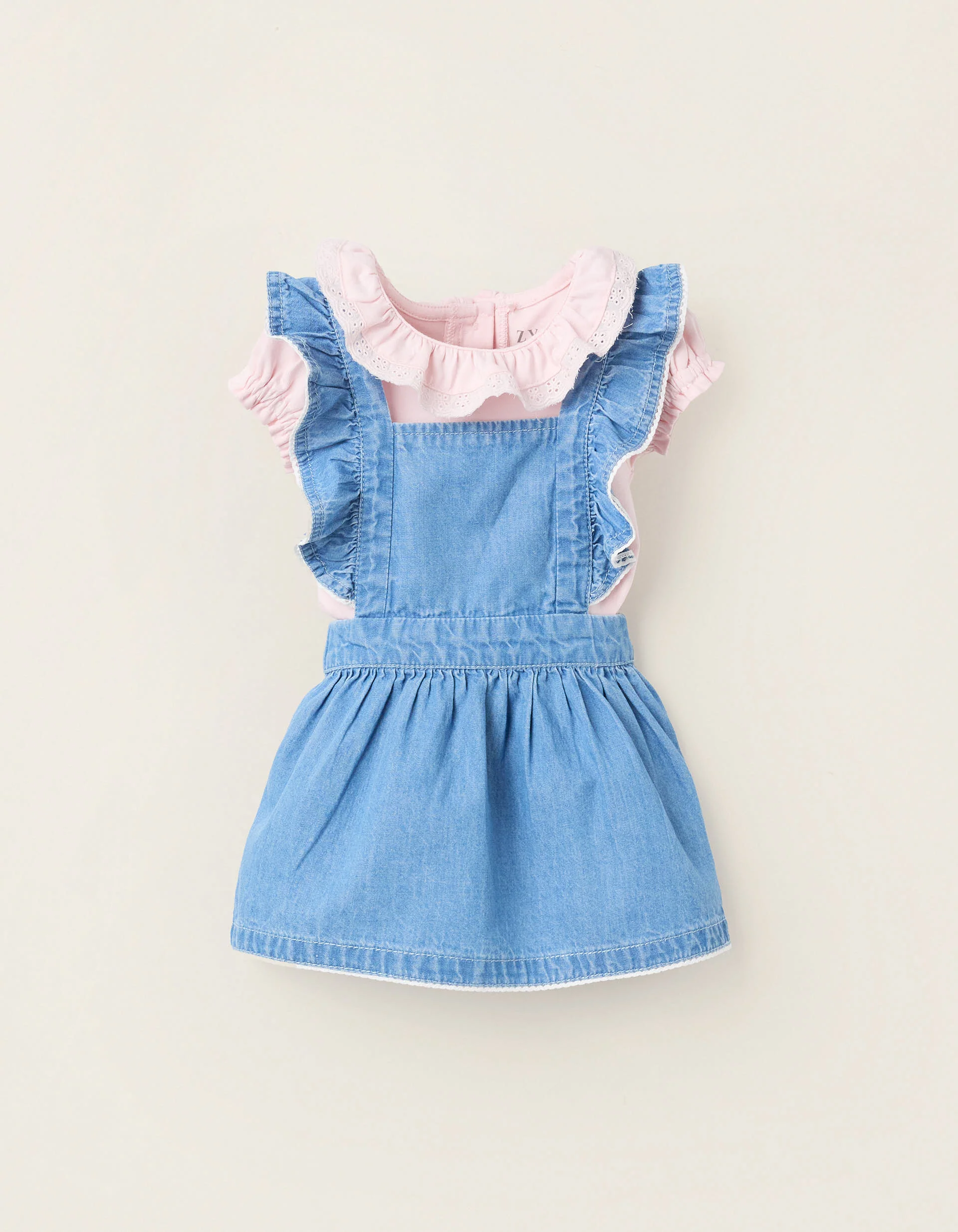 Body + Pinafore Dress with Frills for Newborn Girls, Pink/Blue