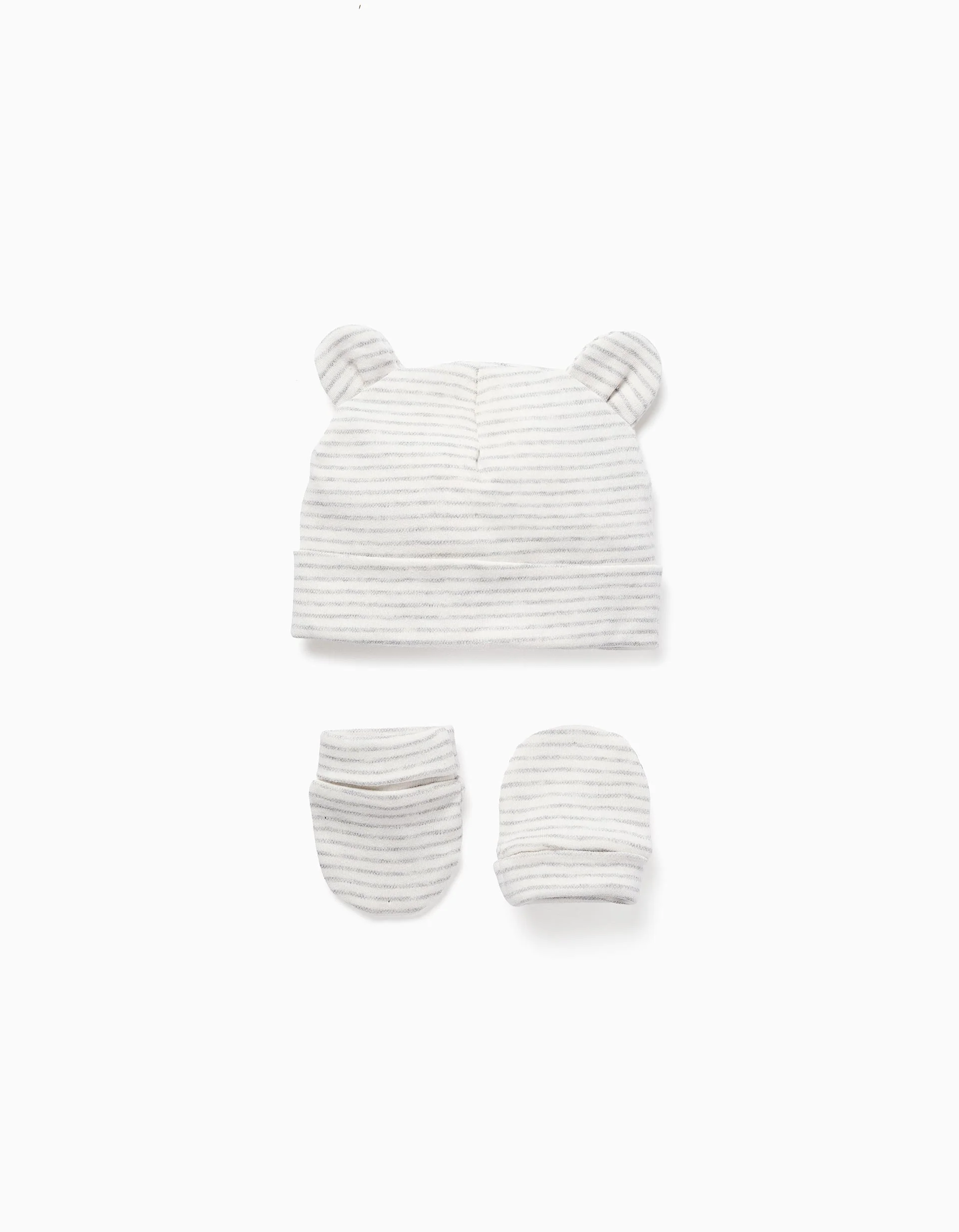 Cotton set of beanie + gloves with stripes for newborns, white/grey