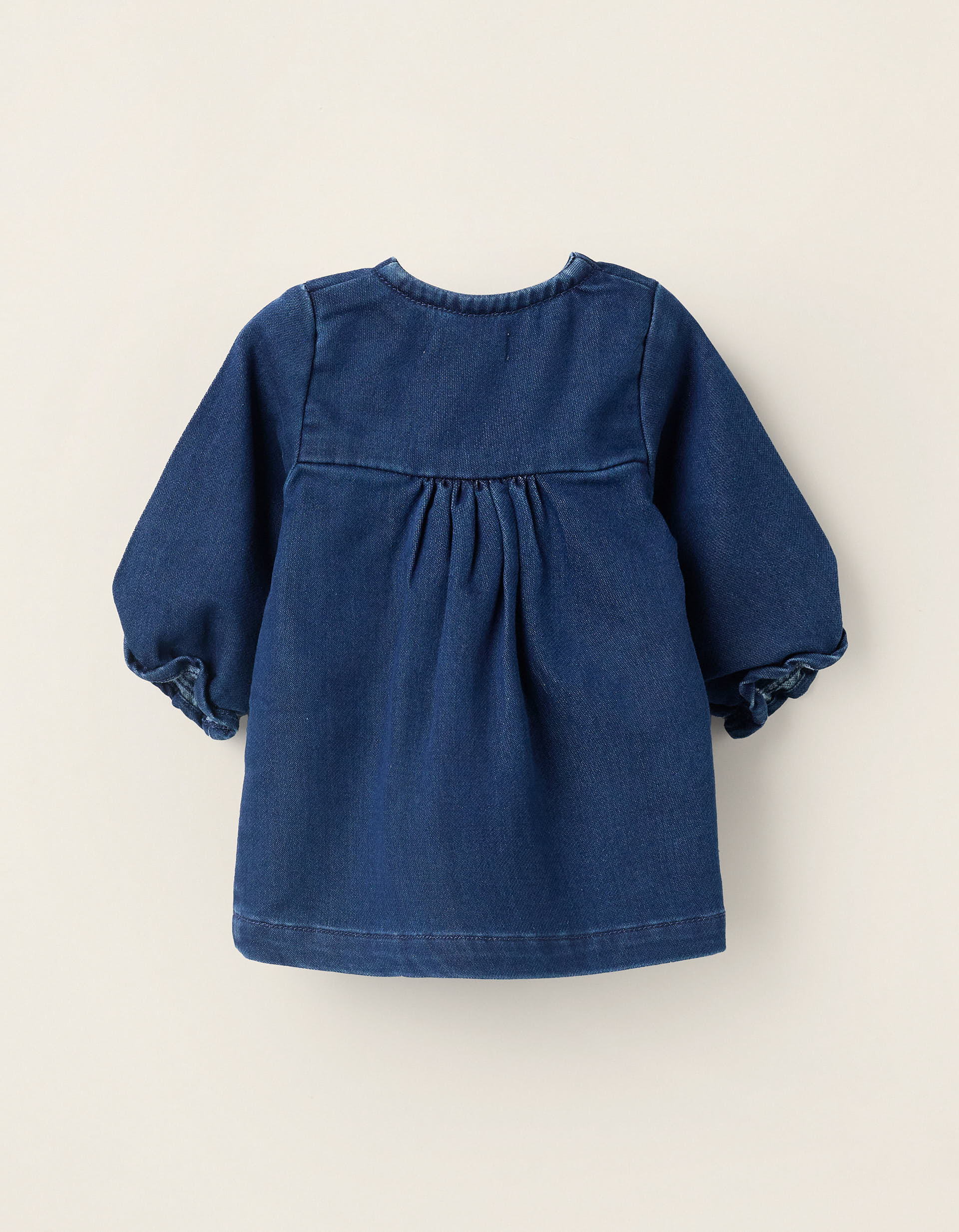 Denim Dress with Ruffled Cuffs for Newborns, Blue