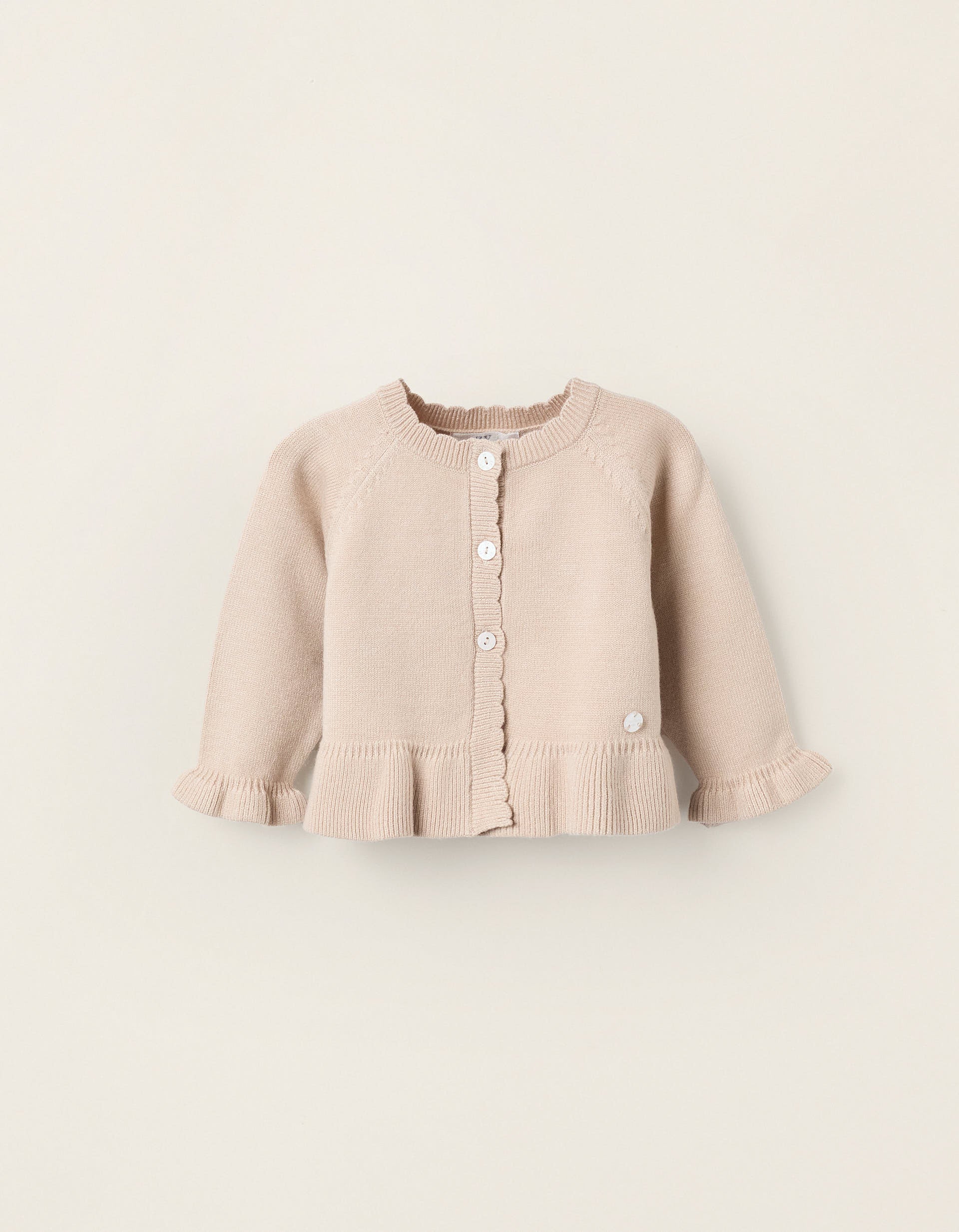 Knitted Cardigan with Ruffles for Newborns, Beige