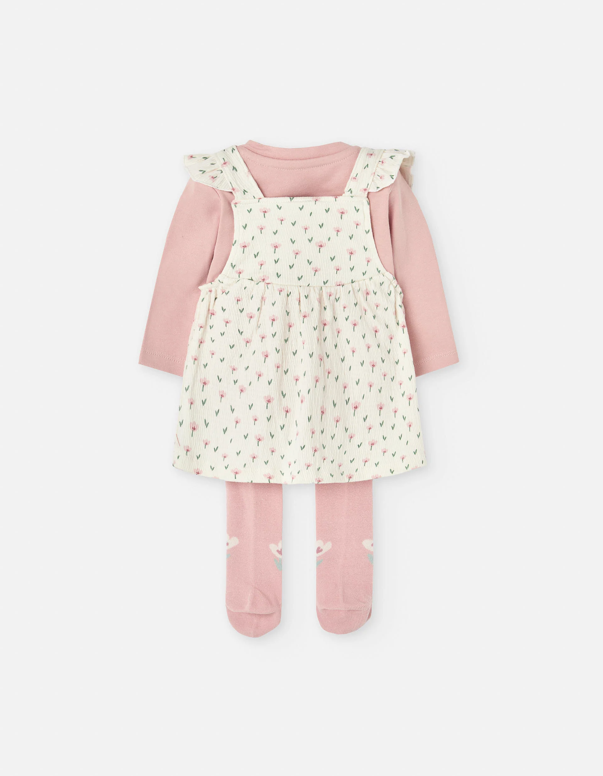 Set of T-shirt, pinafore dress and tights for newborn girls, beige/pink