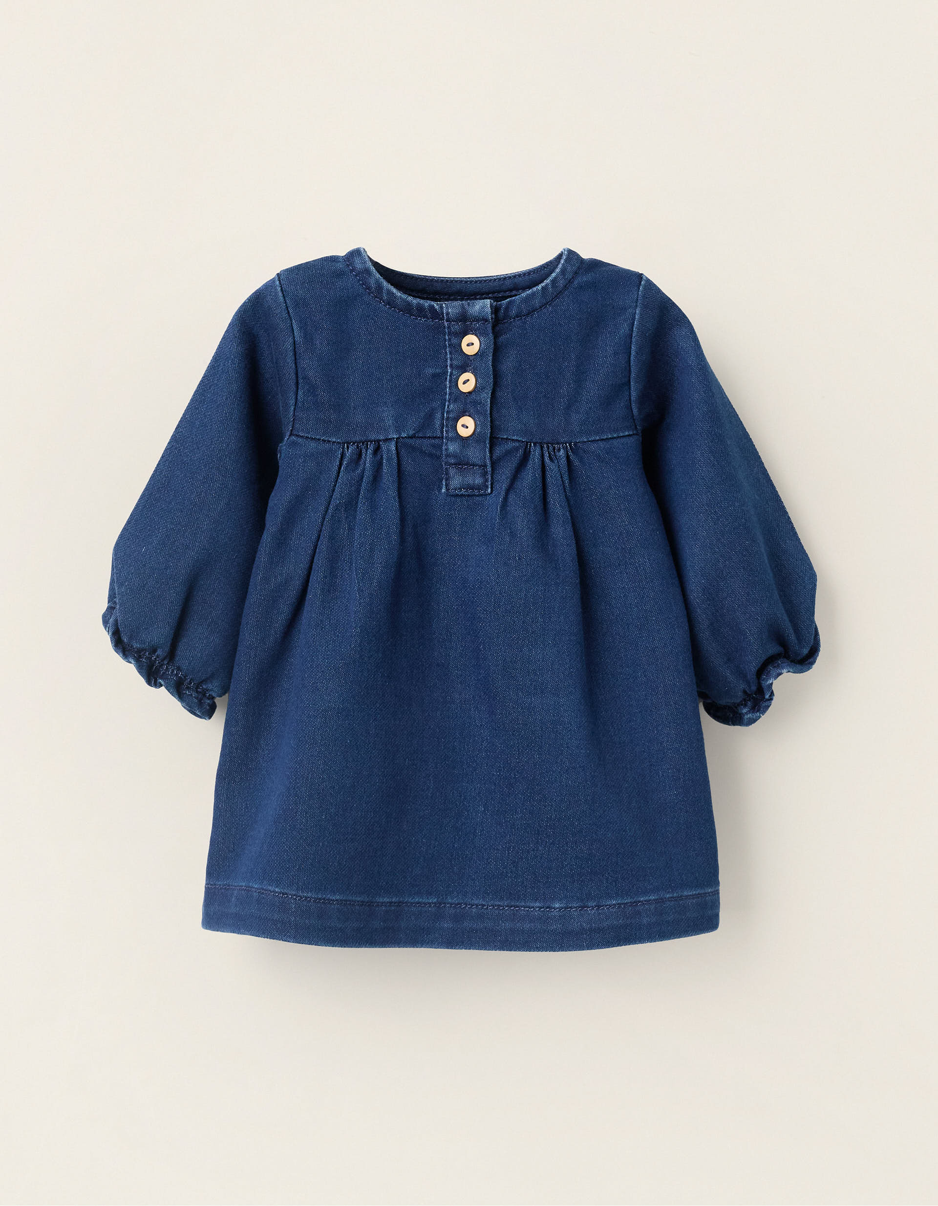 Denim Dress with Ruffled Cuffs for Newborns, Blue