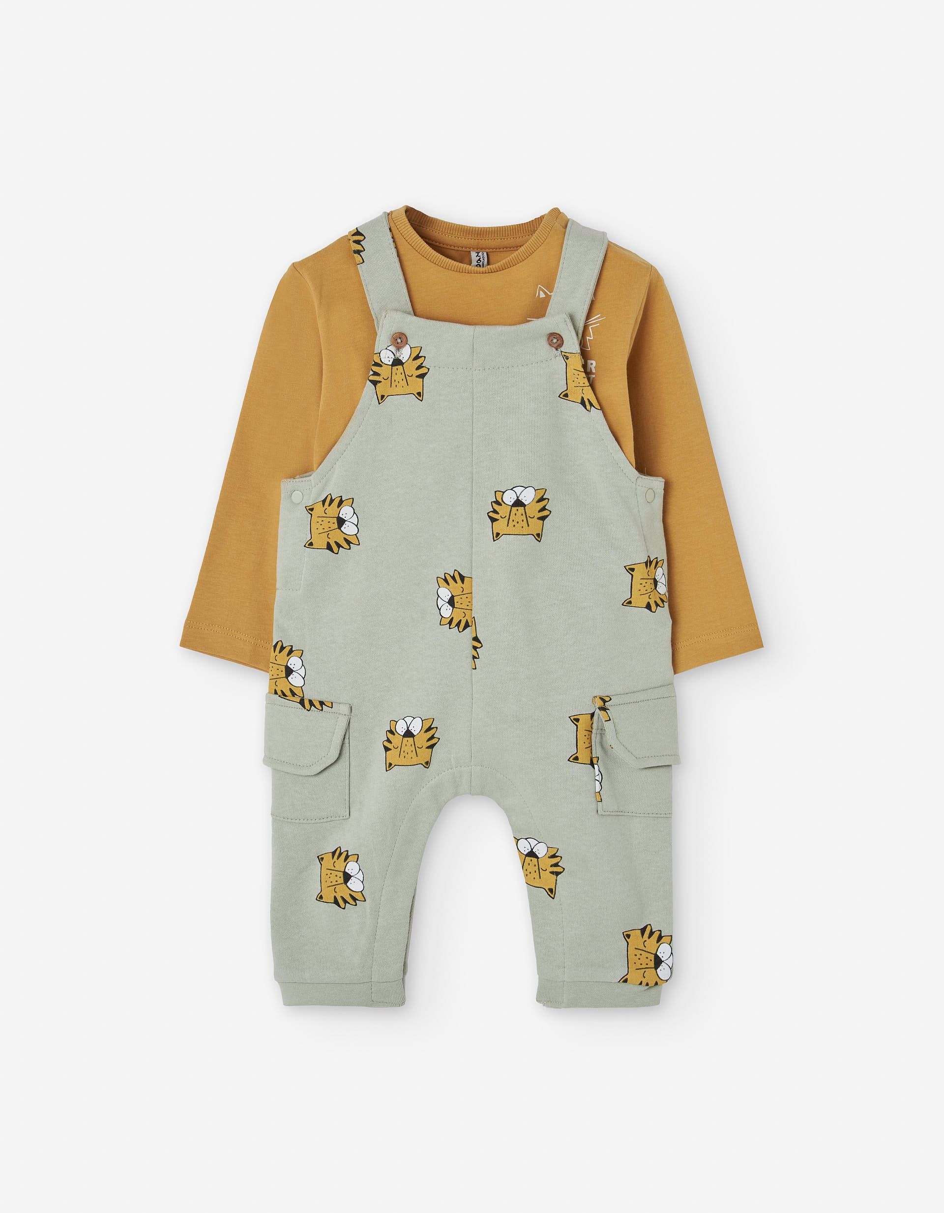 Cotton T-shirt + dungarees with tiger motif for baby boys, yellow/grey